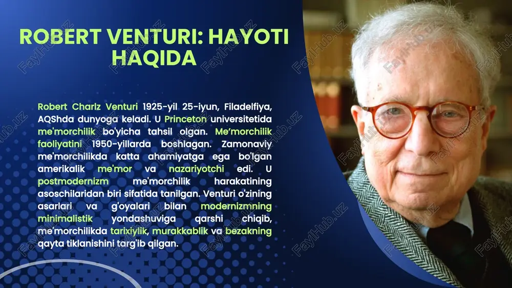 an bu zamonaviy cherkov binosi o’zining arxitekturasi bilan boshqa cherkovlardan farq qiladi. venturi duck o’rdakli uy robert venturi tomonidan qurilgan o’rdak shaklidagi ajoyib uy. bu uy venturining kreativ ekanligini o’zida aks etirgan. fire station no. 4: 4 -o’t o’chirish stantsiyasi aqshning indiana shtati, kolumbus shahridagi 4-o‘t o‘chirish stantsiyasi arxitektor robert venturi tomonidan ishlab chiqilgan bino. u postmodern arxitekturaning dastlabki namunasi boʻlgani uchun meʼmoriy jihatdan ahamiyatli. guild house: qariyalar uyi guild house (1963): keksa fuqarolar uchun yashash kompleksi. oddiy materiallar va bezaklar ishlatilgan. hyustondagi bolalar muzeyi robert venturi va denise scott brown tomonidan loyihalashtirilgan houston bolalar muzeyi (children's museum of houston) 1992-yilda ochilgan va u bolalar uchun interaktiv va o‘yinchoqlarga o‘xshash estetikani aks ettiradi. dizayn va xususiyatlari: 1. postmodernizm uslubi: venturi va scott brown bolalar e'tiborini jalb qilish uchun yorqin ranglar, oddiy geometrik shakllar va quvnoq dizayn elementlarini ishlatgan. 2. ramz va o‘yinchilik: binoning fasadi bolalar uchun tushunarli va qiziqarli bo‘lishiga …