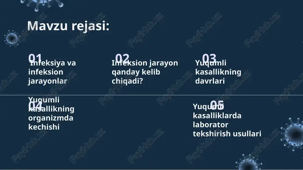 organizmdan tashqi muhitga chiqmaydi. agar organism tushgan mikrobni himoya omillari yordamida yengsa, unda kasallik rivojlanmasligi ham mumkin. boshlang’ich yoki prodromal davr yashirin davrdan so’ng prodromal davr boshlanadi. bu davrda pathogen mikrob o’ziga moyil a’zo yoki to’qimada ko’paya boshlaydi, agressiv ferment va toksinlar ishlab chiqaradi. prodnormal davr bir necha soaytdan bir necha kungacha davom etadi. bu davrda kasallikka xos umumiy belgilar: tana harorati ko’tarilishi, bosh og,rishi, darmonsizlik,lanj bo’lish, ishtaha yo’qolishi kabi belgilar paydo bo’ladi. kasallikning avj olish davri kasallikning avj olish davrida bemorda kasallikning asosiy belgilari namayon bo’ladi. bu davrda kasallik qo’zg’atuvchisi yanada ko’payib, organizmda gemotagen,limfogen, va neyrogen yo’llar bilan tarqaladi. bu davr turli kasalliklarda turlicha davom etadi va pathogen mikrob tutuvchi bemor atrofidagilar uchun xavfli hisoblanadi. shu bilan birga immmun tizim hujayralari kasallik qo’zg’atuvchisi bilan kurasha boshlaydi. agar kurashda pathogen organizm g’olib kelsa bemor nobud bo’lishi mumkin. aksincha organizm himoya omillari yengib chiqsa keying tuzalish davrdavriga o’tadi. tuzalish davri yoki …
