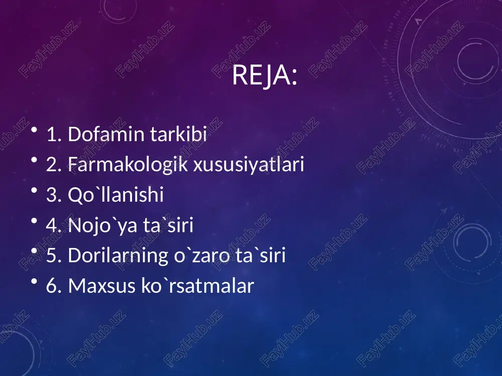 izmi bilan neyrovezikulalarga tushadi va noradrenalinning sintezi uchun ishlatiladi ta‘sirini boshlanishi – yuborish boshlanganidan keyin taxminan 5 minut, oxiri – infuziya tugaganidan keyin – 5-10 minut o‘tgach samarasi tugaydi. qo`llanishi: shok holati yoki shokni kelib chiqishi natijasidagi xavf soluvchi holatlar: -o‘tkir miokard infarkti oqibatidagi yurak yetishmovchiligi (kardiogen shok); -og‘ir infeksiyalar (infeksion-toksik shok); -operasiyadan keyingi shok holati; -arterial bosimining turli genezli og‘ir pasayishi (og‘ir gipotenziya); -o‘ta yuqori sezuvchanlik reaksiyalarida (anafilaktik shok) qo‘llanadi. dozasi agar infuziya uchun eritmani tayyorlash uchun 40 mg/ml dofamin-darnisa konsentratining bir ampulasi 50 ml infuziya uchun eritmada eritilsa, ushbu eritmaning 1 ml 4000 mkg dofamin gidroxloridini saqlaydi. nojo`ya ta`siri: dofamin qo‘llanganida nojo‘ya reaksiyalarning rivojlanishi preparatning farmakologik ta‘siri bilan bog‘liq. markaziy va periferik nerv tizimi tomonidan: bosh og‘rig‘i, bezovtalik, qo‘rquv hissi, tremor, piloereksiya. sezgi a‘zolari tomonidan: midriaz. me‘da-ichak yo‘llari tomonidan: ko‘ngil aynishi, qusish, me‘da-ichakdan qon ketish. siydik chiqarish tizimi tomonidan: poliuriya. metabolik buzilishlar: azotemiya, qonda mochevina miqdorini oshishi. allergik …