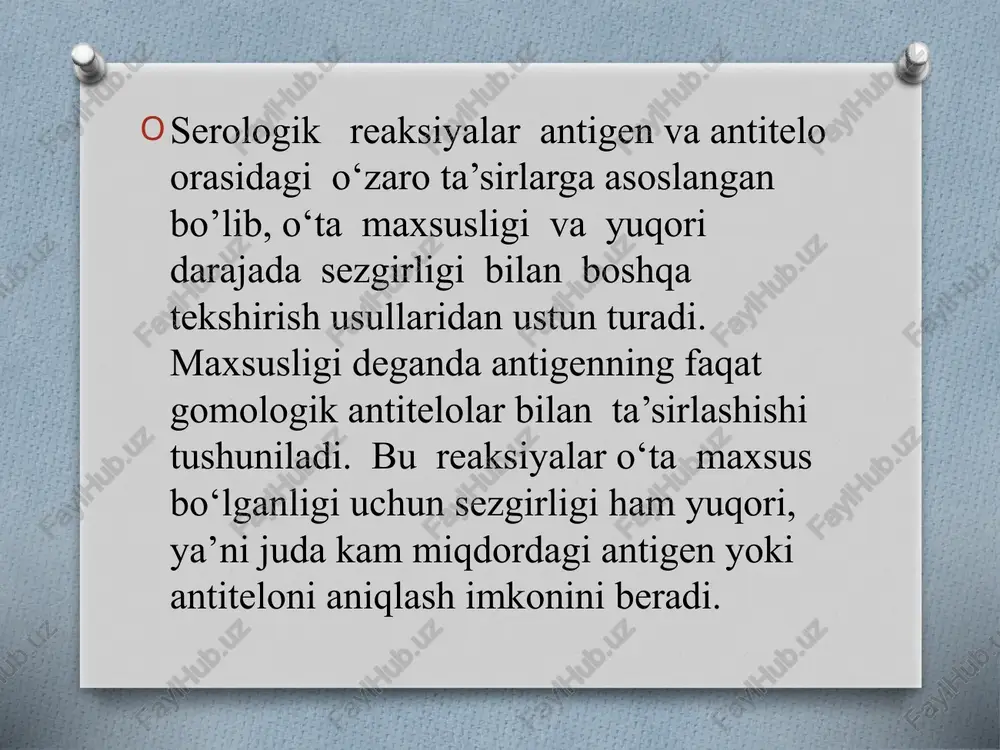 agglyutinatsiya reaksiyasi kuzatiladi. agglutinatsiya reaksiyalarida «tashxis titri» degan tushuncha ishlatiladi. bu kasal odam zardobining agglutinatsiya kuzatiladigan eng yuqori suyultirilish darajasidir. masalan, brutselloz tashxisida rayt reaksiyasining tashxis titri 1:200 ni tashkil qiladi, ya’ni kasal zardobini 200 marta suyultirilganda ham musbat reaksiya kuzatilsa, haqiqatda bu odam shu infeksiya bilan kasallanganligi aniq bo'iadi agglyutinatsiya reaksiyasi amaliyotda asosan yuqumli kasalliklarga se­rologik tashxis (qorin tifi, paratif a-v, brutsellyoz, tulyaremiya, rikketsioz kasalliklarida) qo‘yishda va ajratib olingan mikrob kulturalarini serologik identifikatsiya qilishda qollaniladi. quyidagi turlari farq qilinadi: bgar, bilgar, gatr, kehgaytirilgan agglyutinatsiya reaksiyasi va boshqalar. pretsipitatsiya reaksiyasi (pr) ar dan farqli o’laroq, dispers kolloid holatidagi antigen (pretsipitinogen ) bilan qo’shilib, elektrolit (0,85% nacl) ishtirokida pretsipitat (halqa yoki flokkulat) hosil qiluvchi antitelolar pretsipitinlar deb ataladi. pretsipitatsiya reaksiyasi yuqori darajada maxsusligi va sezgirligi bilan boshqa reaksiyalardan ustun turadi. bu reaksiya yordam ida juda kam miqdordagi antigen yoki gaptenni aniqlash mumkin. pretsipitatsiya reaksiyasining 20 dan ortiq turi bo'lib, probirka, kapillar, …