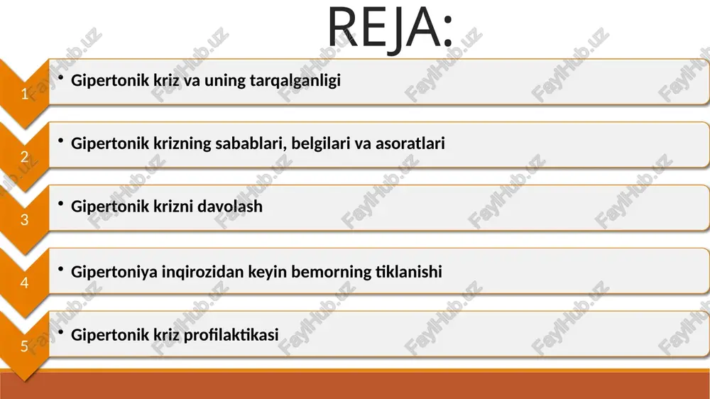 omilador ayollarning nefropatiyasi. gipertonik kriz kelib chiqishiga turtki beruvchi omillar quyidagilardir: kamharakat hayot tarzi; ortiqcha vazn; qandli diabet; yurak ishemik kasalligi; qahva yoki kofeinli ichimliklarni suiste’mol qilish; prostata bezining adenomasi; ayollarda klimaks davri; feoxromositoma; osteoxondroz; vegeto-tomir distoniyasi; stress va depressiya ko’p miqdorda suyuqlik yoki osh tuzi qabul qilish; ob-havo (isishi yoki sovushi) va atmosfera bosimining o’zgarishi, iqlim zonalarining o’zgarishi; gipotenziv dorilarni qabul qilish rejimiga rioya qilmaslik (gipertonik bemorlarda); kechalari uxlamaslik; ba’zi dori-darmonlarni dozasini oshirib yuborish (adrenomimetik, erlik quvvatini kuchaytirish uchun preparatlar). shuningdek alohida yomon odatlar — chekish va alkogolizm haqida aytish kerak. spirtli ichimliklar ichuvchi odamlar yuqori qon bosimi muammolaridan oddiy odamlarga qaraganda ikki marotaba ko’proq aziyat chekishi, bitta chekilgan sigareta esa qon bosimini 30 mm.sim.ust. ga ko’tarishi mumkinligi aniqlangan. spirt va nikotin kapillyar qon aylanishning yomonlashuviga va kichik tomirlar zararlanishiga olib kelishi aniqlangan. gipertonik kriz alomatlari va belgilari bosh og’rig’i; bosh aylanishi; quloqdagi shovqin; irradatsiyasiz, yurak soahsidagi sanchiqli og’riq; …