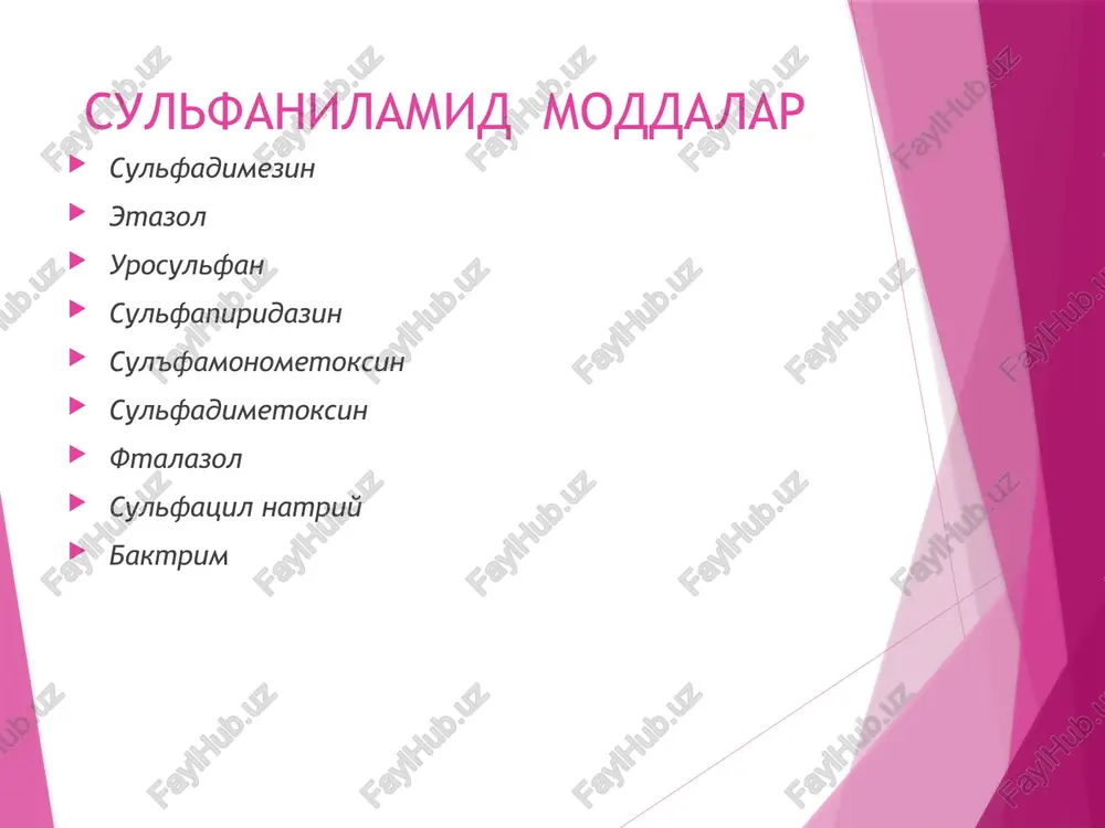 h yotgan xamda tashqaridan bo'lmay paraminobenzoy kislotaning o'zi hosil qiladigan mikroorganizmlarga ta'sir ko'rsatmaydi. yiring bo'lgan joyda sulfanilamidlar ta'siri kamayib ketadi, chunki bu erda paraaminobenzoy, foli kislotalarning miqdori oshadi, raqobatda sulfanilamidlar ularning o'rnini ololmaydi va ustun bo'lolmaydi. sulfanilamidlar yallig'lanishga ham qarshi ta'sir etadi, ayniqsa mahalliy qo'llanganda. sulfanilamidlar ko'llanishiga qarab 3 guruxga bo'linadi: me'da-ichakdan yaxshi so'riladigan, ya'ni rezorbtiv ta'sirga ega moddalar. ichak oralig'ida ta'sir etuvchi, ya'ni me'da-ichakdan so'rilishi kiyin moddalar. maxalliy ta'sir etuvchi moddalar. me'da-ichakdan yaxshi so'riladigan moddalar: sul'fadimezin, sulfazin, etazol, urosulfan, norsulfazol, sulfapiridazin, sulfamonometoksin, sulfadimetoksin. ular ichakdan qonga yaxshi so'riladi, qonda albuminlar bilan bog'lanib, to'qimalarga tarqaladi. gematoentsefalik, yo'ldosh to'siqlaridan yaxshi o'tadi, seroz bo'shliklarda to'ppanadi. gematoeitsefalik to'siqdan sulfapiridazin va sulfadimezin boshqalarga nisbatan yaxshi o'tadi, sulfadimetoksin va norsulfazol bu to'siqdan deyardi o'tmaydi. sulfanilamidlar metabolizmi sulfanilamidlar jigarda biotransformatsiyaga uchraydi — atsetillanadi. atsetillangan sulfanilamidlar mikroorganizmlarga qarshi xususiyatini yo'qotadi, ularning neytral va kislotalik muhitda eruvchanligi kamayib, kristalluriya ro'y beradi, siydik yo'llarida cho'kib qolishi mumkin. atsetillanish tezligi …