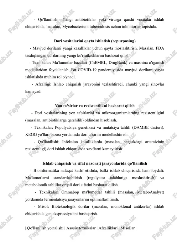 alan, fda tasdiqlangan dorilarning yangi ko'rsatkichlarini bashorat qilish. - texnikalar: ma'lumotlar bazalari (chembl, drugbank) va mashina o'rganish modellaridan foydalanish. bu covid-19 pandemiyasida mavjud dorilarni qayta ishlatishda muhim rol o'ynadi. - afzalligi: ishlab chiqarish jarayonini tezlashtiradi, chunki yangi sinovlar kamayadi. yon ta'sirlar va rezistentlikni bashorat qilish - dori vositalarining yon ta'sirlarini va mikroorganizmlarning rezistentligini (masalan, antibiotiklarga qarshilik) oldindan hisoblash. - texnikalar: populyatsiya genetikasi va mutatsiya tahlili (dambe dasturi). kegg yo'llari bazasi yordamida dori ta'sirini modellashtirish. - qo'llanilishi: infeksion kasalliklarda (masalan, bezgakdagi artemizinin rezistentligi) dori ishlab chiqarishda xavflarni kamaytirish. ishlab chiqarish va sifat nazorati jarayonlarida qo'llanilish - bioinformatika nafaqat kashf etishda, balki ishlab chiqarishda ham foydali: ma'lumotlarni standartlashtirish (regulyator talablariga moslashtirish) va metabolomik tahlillar orqali dori sifatini bashorat qilish. - texnikalar: ommabop ma'lumotlar tahlili (masalan, metaboanalyst) yordamida fermentatsiya jarayonlarini optimallashtirish. - misol: bioteknologik dorilar (masalan, monoklonal antikorlar) ishlab chiqarishda gen ekspressiyasini boshqarish. | qo'llanilish yo'nalishi | asosiy texnikalar | afzalliklari | misollar …