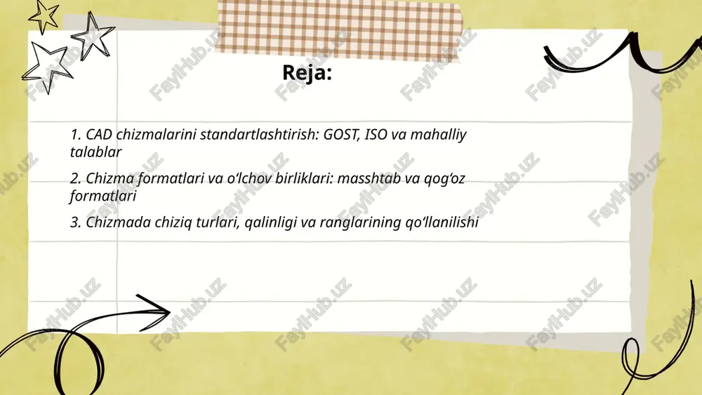 ziqlari yupqa. ranglar qatlam identifikatsiyasi va chop parametrlariga mos 1=qizil, 2=sariq, 3=yashil, 4=ko‘k kabi indekslar bilan ishlatiladi. standartlar: iso/asme/gost. ... t.me/slaydai_bot 4. ko‘rsatmalar va proyeksiyalar: ortogonal, izometrik va maxsus proyeksiyalar ko‘rsatmalar va proyeksiyalar cad chizmalarida ob’ektning tashqi va ichki shaklini taqdim etish uchun ishlatiladi. ortogonal proyeksiya parallel nur va perpendikulyar proyeksion tekislik bilan plan, fasad va bo‘limlarda haqiqiy o‘lchamlarni beradi. izometrik proyeksiya 120° burchakdagi o‘q bo‘yicha teng shkalali aksinometriyadir, o‘lchamlarni solishtirishni osonlashtiradi. maxsus proyeksiyalarga kosoy, perspektiv va yordamchi proyeksiyalar kiradi, bu turli burchaklardan ko‘rinishni va vizualizatsiyani yaxshilaydi. ... t.me/slaydai_bot o‘lchovlash va tolerans qoidalari: geometrik toleranslar shakl, yo‘nalish, joylashuv va aylanish uchun belgilanadi. tolerans zonalari va datum tizimi yordamida aniqlanadi. cad chizmada pasportlashda nominal o‘lcham, tolerans qiymatlari (±), it sinflari va yuzalarning xiraligi ko‘rsatiladi. geometrik vaziyatlar uchun pozitsiya, paralellik, perpendikulyarlik, tekislik belgilanadi. tekshirishda cmm, kalıplar va o‘lchov stendlari ishlatiladi. pasport hujjati o‘lchov natijalari va moslik statusini o‘z ichiga oladi. ... t.me/slaydai_bot …