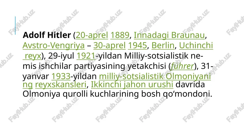 n. u nemis millatining buyukligi va alohida missiyaga ega ekanligiga hitlerning vegetarianligi adolf hitlerning koʻpchilik biograflari u 1931-yildan to 1945-yildagi oʻlimiga qadar vegetarian boʻlganligi haqidagi fikrni maʼqullashadi. bu fikrga qarshi argumentlar ham talaygina. har qanday holda, ikkala taraf gitler goʻshtni ovqatidan olib tashlamagan boʻlsa ham, uning isteʼmolini chegaralaganligiga qoʻshiladilar. image2.jpeg image3.jpeg /docprops/thumbnail.jpeg