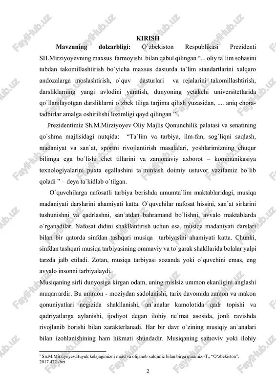 at hissini, san`at sirlarini tushunishni va qadrlashni, san`atdan bahramand bo`lishni, avvalo maktablarda o`rganadilar. nafosat didini shakllantirish uchun esa, musiqa madaniyati darslari bilan bir qatorda sinfdan tashqari musiqa tarbiyasini ahamiyati katta. chunki, sinfdan tashqari musiqa tarbiyasining ommaviy va to`garak shakllarida bolalar yalpi tarzda jalb etiladi. zotan, musiqa tarbiyasi sozanda yoki o`quvchini emas, eng avvalo insonni tarbiyalaydi. musiqaning sirli dunyosiga kirgan odam, uning mislsiz ummon ekanligini anglashi muqarrardir. bu ummon - moziydan sadolanishi, tarix davomida zamon va makon qonuniyatlari negizida shakllanishi, an`analar kamolotida qadr topishi va qadriyatlarga aylanishi, ijodiyot degan ilohiy ne`mat asosida, jonli ravishda rivojlanib borishi bilan xarakterlanadi. har bir davr o`zining musiqiy an`analari bilan izohlanishining ham hikmati shundadir. musiqaning samoviv yoki ilohiy ekanligi qadimiy manbalarda o`z aksini topgan. insoniyat esa o`z ma`naviyati darajasida o`zining ma`naviy boyliklarini shakllantirib, davrlar osha rivojlantirib kelgan. bu jarayonda har soha zamonlar evrilishida charxlanib, mukammallashib, yangidan-yangi ijodiy munosabatlar negizida boyib, o`z samarasini namoyon etib kelgan. musiqa …