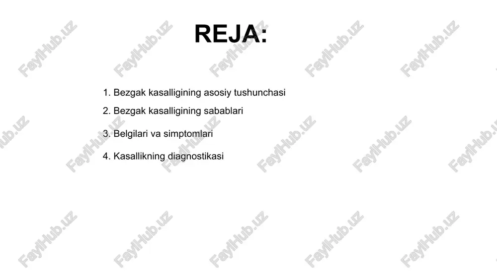 aniqlash mumkin. rengen, ultrasounds va biokimyoviy analizy asosiy diagnostik usullardir. to‘g‘ri diagnostika kasallikning kechishini oldini oladi va samarali davolash uchun asos bo‘ladi. shifokorlar to‘g‘ri tashxis uchun keng qamrovli tekshiruv o'tkazadi. 01 03 02 davolash usullari bezgak kasalligi davolash usullari muhim ahamiyatga ega, ayniqsa, shifokor tavsiyalariga amal qilish va davolash jarayonini to'g'ri boshqarish zarur. davolash jarayonida antibiotiklar va antienflamatuar preparatlar qo'llaniladi, shuningdek, yallig'lanishni kamaytirishga qaratilgan muolajalar muhim rol o'ynaydi. tibbiy muolajalar bilan birga, to'g'ri ovqatlanish va gigiena qoidalariga amal qilish sog'liqni tiklash uchun muhim ahamiyatga ega bo'ladi. 02 01 03 profilaktika va ogohlantirishlar 01 02 04 bezgak kasalligidan himoyalanish uchun gigiena qoidalariga amal qilish, toza ovqatlanish hamda shaxsiy gigiena muhim ahamiyatga ega. ushbu choralarga e'tibor qaratish zarur. kasallikning oldini olish uchun natriy va shakar miqdorini cheklash, muntazam jismoniy faoliyat va yotoq rejimiga rioya qilish tavsiya etiladi. profilaktika muhimdir. o'z vaqtida tibbiy tekshiruvlar va yuzaga kelgan simptomlarni aniqlash orqali bezgak kasalligining oldini …