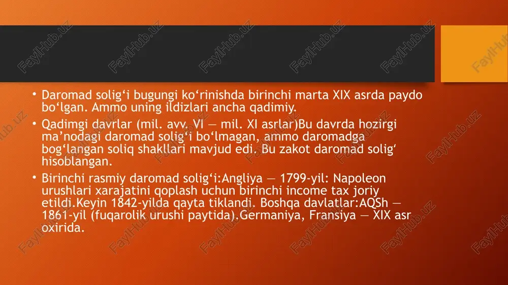 qiymatlarini) qo‘shishdan olingan summaning o‘n ikkidan bir qismi sifatida ortib boruvchi yakun bilan aniqlanadi. soliq bazasi har bir soliq solish ob’ekti bo‘yicha alohida aniqlanad. o‘zbekiston respublikasi rezidenti bo‘lgan jismoniy shaxsning daromadlariga 12 foizli stavka bo‘yicha soliq solinadi. o‘zbekiston respublikasining rezidentlariga dividendlar va foizlar tarzida to‘lanadigan daromadlarga 5 foizli stavka bo‘yicha soliq solinadi. soliqni hisoblash: daromad solig‘i stavkasi shu daromadga qarab belgilangan stavka bo‘yicha hisoblanadi. misol uchun, agar jismoniy shaxsning yillik daromadi 15 million so‘m bo‘lsa, soliq stavkasi 12% bo‘lishi mumkin, demak, soliq miqdori 15 000 000 * 0.12 = 1 800 000 so‘m bo‘ladi. soliqni to‘lash: belgilangan soliq miqdori, belgilangan muddatlar ichida davlatga to‘lanadi. soliqdan ozod qilinadigan daromadlarga pensiyalar, stipendiyalar, nafaqalar, qonunchilikda belgilangan boshqa daromadlar kiritilgan. soliqdan ozod qilinadigan daromadlarga jismoniy shaxslar qonunchilikka koʻra turli xildagi nafaqalar va pensiyalar kabi daromadlarni ham kiritish mumkin. jismoniy shaxslardan olinadigan daromad soligʻi — oʻzbekiston respublikasi soliq kodeksida belgilanganidek soliq solinadigan daromadga ega boʻlgan …