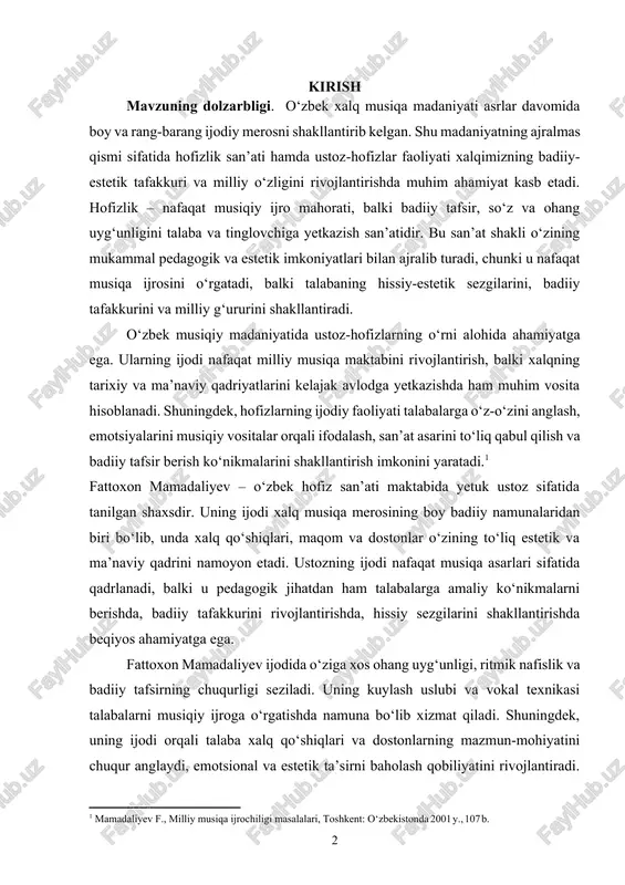 k hofiz san’ati maktabida yetuk ustoz sifatida tanilgan shaxsdir. uning ijodi xalq musiqa merosining boy badiiy namunalaridan biri bo‘lib, unda xalq qo‘shiqlari, maqom va dostonlar o‘zining to‘liq estetik va ma’naviy qadrini namoyon etadi. ustozning ijodi nafaqat musiqa asarlari sifatida qadrlanadi, balki u pedagogik jihatdan ham talabalarga amaliy ko‘nikmalarni berishda, badiiy tafakkurini rivojlantirishda, hissiy sezgilarini shakllantirishda beqiyos ahamiyatga ega. fattoxon mamadaliyev ijodida o‘ziga xos ohang uyg‘unligi, ritmik nafislik va badiiy tafsirning chuqurligi seziladi. uning kuylash uslubi va vokal texnikasi talabalarni musiqiy ijroga o‘rgatishda namuna bo‘lib xizmat qiladi. shuningdek, uning ijodi orqali talaba xalq qo‘shiqlari va dostonlarning mazmun-mohiyatini chuqur anglaydi, emotsional va estetik ta’sirni baholash qobiliyatini rivojlantiradi. ushbu jarayon yoshlarning milliy musiqa maktabiga qiziqishini oshirish bilan birga, ularning musiqiy tafakkuri va hissiy-intellektini boyitadi. shuningdek, fattoxon mamadaliyev ijodining tarixiy va madaniy ahamiyati ham alohida ta’kidlanadi. u o‘z ijodi orqali xalqimizning qadimiy an’analari, urf-odatlari va madaniy qadriyatlarini zamonaviy talaba va tinglovchilarga yetkazadi. talaba dars …