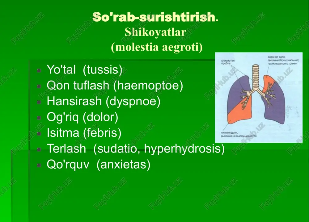 rining zararlanishida yo'tal turlari- paydo bo'lish vaqtiga ko‘ra: ertalabki (surunkali bronxit, tuberkulyozning destruktiv shakllari, bronxoektatik kasallik va boshqalar). yo'tal turlari- paydo bo'lish vaqtiga ko‘ra: kechki (pnevmoniya, o'tkir bronxit, bronxial astma va boshqalar). yo'tal turlari- paydo bo'lish vaqtiga ko‘ra: tungi (saraton, limfogranulematoz, sil va boshqalar) qon tuflash (haemoptoe)- yo'talayotganda balg'am bilan qon ajralishi - nafas olish tizimi kasalliklari (rak, sil, o'pka gangrenasi, ba'zi pnevmoniya, a-1 protein inhibitori irsiy etishmovchiligi) yoki yurak-qon tomir tizimi (mitral stenoz, o'pka arteriya emboliyasi, allergik vaskülit va boshqalar) muhim alomatdir. qon tuflash haemoptoe) bu o'pkadan qon ketishining boshlanishi bo'lishi mumkin - ko'pincha o'limga olib keladigan asorat, chunki hatto 100 ml qon ham asfiksiyaga olib kelishi mumkin. qon yorqin qizil (sil, saraton, bronxektaz), to'q qizil (bronxopulmonal venalarning varikoz tomirlari, mitral stenoz), jigarrang yoki zangsimon (krupoz pnevmoniya, o'pka emboliyasi) bo'lishi mumkin hansirash (dyspnoe) sub‘ektiv - havo yetishmasligi, ko'kragida siqilish hissi ob'ektiv -nafas olish tezligining ko'payishi (taxypnoe), yuzaki yoki chuqur …