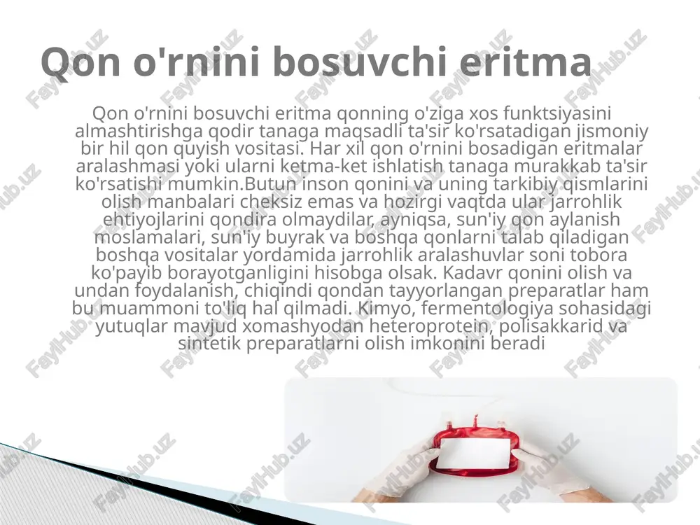 idrolizatlari, aminokislota eritmalari); yog 'preparatlari - yog' emulsiyalari (lipofundin, intralipid). ta'sir yo'nalishiga qarab qon o'rnini bosuvchi eritmalar quyidagicha tasniflanadi. 1. gemodinamik (shokka qarshi): past molekulyar og'irlikdagi dekstranslar - reopoliglyukin; o'rta molekulyar og'irlikdagi dekstranslar - poliglyukin; jelatin preparatlari - jelatinol qon o'rnini bosuvchi eritmalar tasnifi: -past molekulyar og'irlikdagi polivinilpirrolidon - gemodez; -past molekulyar og'irlikdagi polivinil spirt - polydez. 2. detoksifikatsiya: oqsil gidrolizatlari - kazein gidrolizat, aminopeptid, aminokrovin, aminoz (m1, gidrolizin); aminokislota eritmalari - poliamin, mariamin, freeamin; yog 'emulsiyalari - intralipid, lipofundin; shakar va ko'p atomli spirtlar - glyukoza, sorbitol, fruktoza. 3. parenteral ovqatlanishga tayyorgarlik: fiziologik eritmalar - izotonik natriy xlorid eritmasi, ringer eritmasi, laktozal, natriy gidrokarbonat eritmasi, trisamin eritmasi. 4. suv-tuz va kislota-asos holatining regulyatorlari: gemodez muvozanatli elektrolit eritmasidagi past molekulyar og'irlikdagi polivinilpirrolidonning 6% eritmasi. 100, 200, 400 ml hajmdagi shishalarda mavjud. 0 dan –20 ° s gacha bo'lgan haroratda saqlang. yaroqlilik muddati 5 yil. gemodez yaxshi adsorbsion qobiliyatga ega: u …