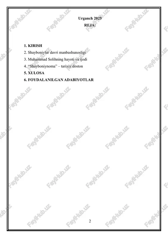 i. mavzu dolzarbligining yana bir jihati — dostonning adabiy-estetik xususiyatlarini o‘rganish orqali shoirning badiiy tafakkuri, poetik mahorati, tarixiy haqiqat va badiiy niyatning qanday uyg‘unlashganini anglash imkoniyati kengayishidir. “shayboniynoma” o‘zbek mumtoz adabiyoti taraqqiyotida tarixiy epopeya sifatida muhim bosqichlardan biri bo‘lib, unda shoirning o‘z zamoniga munosabati, davlat arboblariga bahosi, siyosiy jarayonlarga yondashuvi poetik vositalar bilan mujassamlangan. shu bois ushbu kurs ishida dostonning badiiy niyati, tarixiy voqelik bilan bog‘liqligi, shoirning ijodiy maqsadi va siyosiy-falsafiy qarashlari ilmiy asosda tahlil qilinadi. kurs ishining maqsadi: muhammad solihning “shayboniynoma” dostonida shoirning badiiy niyati, tarixiy voqelikning san’atkorona talqini va hayot haqiqatining in’ikosini ilmiy-nazariy asosda tahlil qilish, dostonning adabiy-estetik mohiyatini yoritish. kurs ishining vazifalari: kurs ishining maqsadini ro‘yobga chiqarish uchun quyidagi vazifalar belgilandi: 1. muhammad solihning hayoti, ijodi va tarixiy shaxs sifatidagi pozitsiyasini o‘rganish. 2. “shayboniynoma”ning yaratilish jarayoni, tarixiy asoslari va voqeiylik darajasini aniqlash. 3. dostonning badiiy niyatini, shoirning tarixiy jarayonlarga munosabatini aniqlash. 4. shayboniyxon obrazining badiiy talqini va …