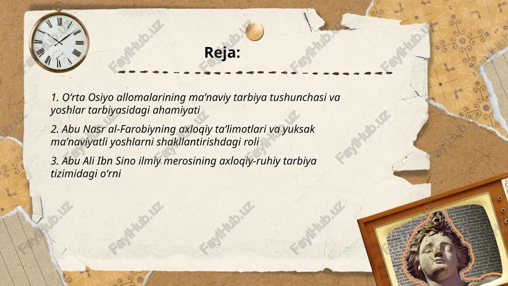 kuchaytirishga qaratilgan. meros ijtimoiy masʼuliyat, ilmiy izlanish va ulugʻvor axloqiy idealarga zid emasligini taʼkidlaydi. ... t.me/slaydai_bot al-biruniy qarashlari ilmiy etikani quyidagicha yoshlar maʼnaviyatida tatbiq etishga imkon beradi: 1) haqiqatga sodiqlik va tekshirishga urg'u berish; 2) empirik kuzatuv va o'lchovlarga asoslangan ta'limni joriy etish; 3) manba va nazariyalarga hurmat, tanqidiy fikrlashni rivojlantirish; 4) ilmiy kashfiyot va madaniy dialoqlar orqali bag'rikenglik va kamtarlikni shakllantirish; 5) etika kodekslari, amaliy laboratoriya mashg'ulotlari va mentorlik dasturlari orqali integratsiya. ... t.me/slaydai_bot imom buxoriyning taʼlimiy-metodik yondoshuvi hadislarni ilm al-rijal va sanad tahlili asosida tizimlash, qisqalik va aniq tasnif orqali axloqiy tarbiya berishdir. u va boshqa hadis allomalari imom muslim tirmiziy nasaiy madrasalarda halaqa tizimini qoʻllab yoshlarni halol masʼuliyatli sabrli va jamiyatga xizmat qilishga yoʻnaltirdi. ushbu meros zamonaviy maʼnaviy tarbiya dasturlarida axloq normativlarini qayta tiklash va yoshlar ongini shakllantirishda muhim rol oʻynaydi ... t.me/slaydai_bot al-khwarizmi va uning matematika-fan merosini o‘quv dasturlariga kiritish yoshlar ongiga intizom va mantiqni singdirishda …