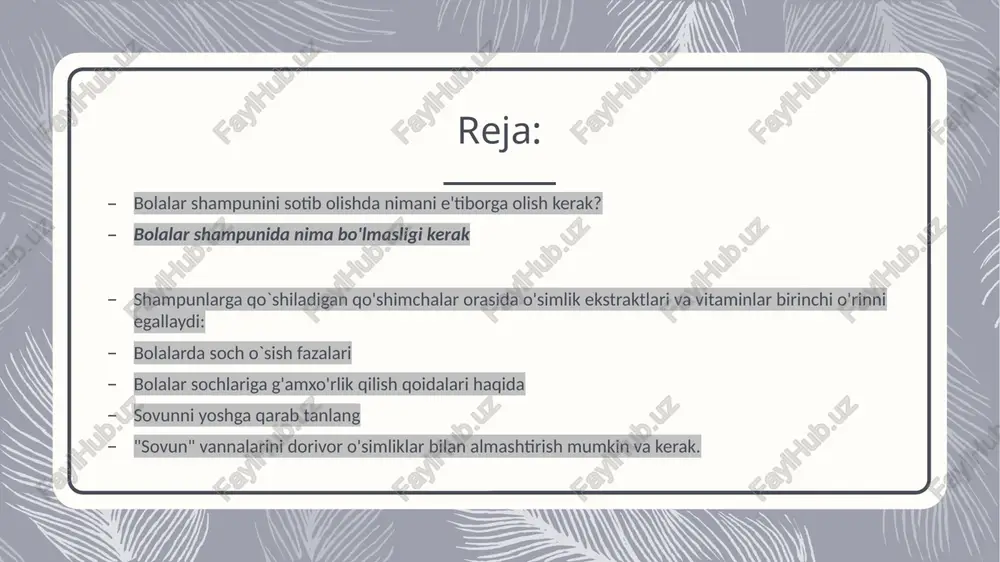 idlardan har qanday holatda saqlanish kerak, chunki ular bolalar terisini himoya qilish mexanizmiga salbiy ta'sir qiladi, shilliq pardalarni bezovta qilishi yoki allergiyani qo'zg'atishi mumkin. bolalarning sochlari va bosh terisiga zarar yetqazmaydi. *o'rik ekstrakti sochni oziqlantiradi va unga ajoyib hid beradi. *paxta gulining ekstrakti sochlarga ko'proq elastiklik beradi yumshoq formulalar ko'zlarni achishtirmaydi *shampun pediatr nazorati ostida sinovdan o'tgan. *tarkibida paraben, bo'yoq yoki silikon mavjud emas 250ml tabiiy romashka va bug'doy oqsilidan iborat yumshoq formulasi bolalarning sochlari va bosh terisini yumshoq tozalaydi - hech qanday ko'z yoshlarsiz. bundan tashqari, bübchen bolalar shampuni sochlarning kuchli, ipakdek porlashini va oson taralishini ta'minlaydi bübchen doyalar va shifokorlar tomonidan tavsiya etiladi teri bilan uyg'unlik dermatologik jihatdan tasdiqlangan bolalar shampunida nima bo'lmasligi kerak sun'iy ranglar triklosan - shubhasiz, ushbu komponent zararli bakteriyalar bilan yaxshi kurashadi, ammo ular bilan birga bolalarda unchalik rivojlanmagan foydali tabiiy mikroflorani yo'q qiladi. propilen glikol - nozik terining qattiq tirnash xususiyati, shuningdek buyraklar …