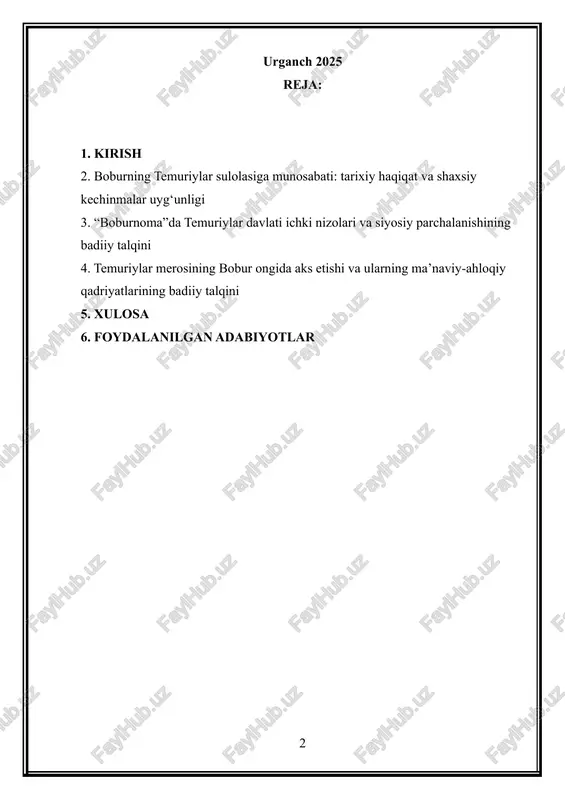 sifatida temuriylarga bo‘lgan munosabatini shunchaki tarixiy ma’lumot shaklida yozib qolmaydi, balki uni badiiy talqin, ruhiy kechinmalar, hayotiy tajriba va shaxsiy baholar orqali jonlantiradi. “boburnoma”da temuriylarga munosabat boburning naslga bo‘lgan g‘ururi, ajdodlarining davlat boshqarish tajribasiga hurmati, ayni paytda ularni tanqidiy ko‘z bilan baholay olishi bilan uyg‘unlashgan. bobur temuriy hukmdorlarning siyosiy xatolari, nohaqliklari yoki zaifliklarini yashirmasdan, ular davlatning barqarorligiga qanday ta’sir ko‘rsatganini tahlil qiladi. shu bilan birga, amir temur va uning to‘g‘ri siyosiy merosi bobur tafakkurida ulug‘ ideal, adolat timsoli sifatida namoyon bo‘ladi. mavzuning dolzarbligi shundaki, “boburnoma” temuriylar davlati inqirozining sabablari, siyosiy jarayonlarning murakkabligi, temuriy hukmdorlarning psixologik portreti va ular o‘rtasidagi munosabatlarning badiiy talqinini o‘rganuvchi eng ishonchli manbalardan biridir. asarda bobur tomonidan berilgan baholar bugungi tarixshunoslik, siyosatshunoslik, adabiyotshunoslik va madaniyatshunoslik uchun muhim ilmiy xulosalar chiqarish imkonini beradi. mazkur kurs ishi “boburnoma”dagi temuriylarga munosabatning badiiy talqinini ko‘p qirrali yondashuv asosida tahlil qiladi va temuriy merosning bobur ongida qanday aks etganini ilmiy jihatdan yoritib …