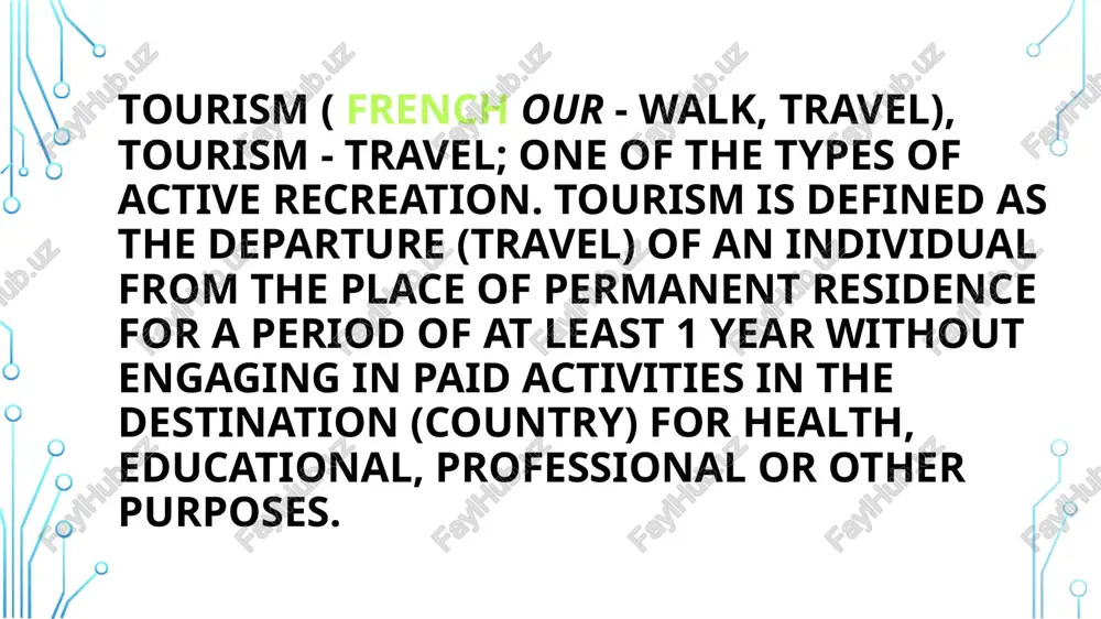 of tourism, develop the market of tourist services, as well as protect the rights and legal interests of tourists and subjects of tourist activity. at the same time, the decree of the president of the republic of uzbekistan "on the state program for the development of tourism in uzbekistan until 2005" (april 15, 1999) became an important factor in the development of the industry. at the same time, there are chorvoq, chimyon, beldersoy recreation centers and about a hundred private hotels. there are many tourist companies in uzbekistan and they cooperate with the countries of america, europe, asia, africa and many other regions. the tourism agency closely supports the activities of these companies. thank you for your attention image1.png image3.jpeg image4.jpeg image5.jpeg image6.jpeg image7.jpeg image8.jpeg image9.jpeg image10.jpeg image11.jpeg image12.jpeg image13.jpeg image14.jpeg image15.jpeg 26,february,2021,,uae,,dubai:,panoramic,view,of,the,main /docprops/thumbnail.jpeg