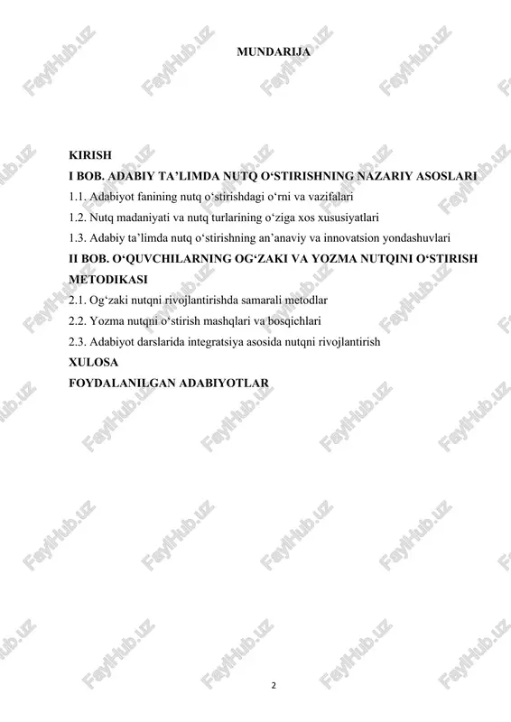 itutsiyaning 50-moddasida har bir insonning ta’lim olish huquqi kafolatlanib, davlat tomonidan uzluksiz ta’lim tizimini rivojlantirish belgilangan. shuningdek, 51- moddada fuqarolarning davlat oliy ta’lim muassasalarida tanlov asosida bepul ta’lim olish huquqi, 52-moddada esa o‘qituvchilarning jamiyat rivojidagi o‘rni yuqori baholanib, davlat ularning kasbiy o‘sishini qo‘llab-quvvatlashi shartligi qayd etilgan.1 so‘nggi yillarda ta’lim tizimini tubdan yangilash bo‘yicha qator prezident qaror va farmonlari qabul qilindi. jumladan, 2022-yil 11-maydagi prezident qarori pp- 134 bilan 2022–2026-yillarda xalq ta’limini rivojlantirish bo‘yicha milliy dastur tasdiqlandi va unda o‘quvchilarning kompetensiyalarini, xususan, nutq madaniyatini rivojlantirish ustuvor vazifa sifatida belgilandi. 2018-yil 17-iyuldagi prezident qarori umumiy o‘rta ta’lim sifatini oshirish, dars jarayonlarini modernizatsiya qilish, adabiyot darslariga zamonaviy metodlarni tatbiq etish zaruratini ko‘rsatib berdi. shuningdek, pq-3775 (2018-yil 5-iyun) sonli qaror oliy ta’lim sifatini oshirish, pedagog kadrlarning malakasini yuksaltirish vazifalarini belgilab, zamonaviy o‘qituvchi avvalo o‘quvchilarning og‘zaki va yozma nutqini shakllantirishga alohida 1 o‘zbekiston respublikasi prezidentining qarori. ta’lim tizimini rivojlantirish chora-tadbirlari to‘g‘risida. toshkent, 2019. 5–15 b. …