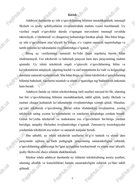 gan qiziqishini kuchaytiradi va ularni mas’uliyatli, ijodiy fikrlovchi shaxs sifatida shakllantiradi. mazkur ishda adabiyot darslarida uy ishlarini tekshirishning asosiy usullari, ularning afzallik va kamchiliklari hamda samaradorligini oshirish yo‘llari tahlil qilinadi. 1. uy ishini tekshirishning maqsadi adabiyot darslarida uy ishini tekshirish o‘quvchilarning bilimini mustahkamlash, ularning mustaqil ishlash ko‘nikmalarini rivojlantirish va ijodiy qobiliyatini oshirishda muhim ahamiyatga ega. uy vazifasi berish bilan ish yakunlanmaydi; uni tekshirish jarayoni ham darsning samaradorligini belgilaydi. uy ishini tekshirish orqali o‘qituvchi nafaqat o‘quvchilarning darsda o‘rgangan mavzuni tushunish darajasini aniqlaydi, balki ularning kuchli va zaif tomonlarini ko‘rib chiqadi, xatolarini tuzatadi va ularga kerakli tavsiyalar beradi. shu bilan birga, uy ishini tekshirish o‘quvchilarda mas’uliyat hissi va intizomni shakllantirishga yordam beradi, ularni o‘z vaqtini to‘g‘ri taqsimlashga va darsga yaxshiroq tayyorlanishga o‘rgatadi. uy ishini tekshirishning asosiy maqsadlaridan biri – o‘quvchilarning bilim va ko‘nikmalarini baholashdir. masalan, o‘quvchilarga romandagi voqeani tushuntirish, qahramon xarakterini izohlash yoki she’rni tahlil qilish topshirig‘i berilganda, o‘qituvchi ularning o‘z fikrini …