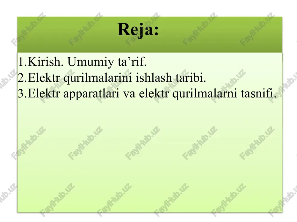 a shakillari va bir apparatda bir necha funktsiyalarni bajarish bilan ajralib turadi va bir birini to’ldiradi. kommutatsion apparatlar: ximoya apparatlari cheklovchi apparatlar. nazorat kiluvchi apparatlar: ulchovchi apparatlar boshqaruv apparatlari kommutatsion apparatlar asosiy maqsadi elektr zanjirlarni yoqish, uchirish, kayta yoqish. rubilniklar paketli o’chirgichlar turli o’chirgichlar avtomatik o’chirgichlar o’chirgichlar(moyli, vakumni, elegazli ochirgichlar) ximoya apparatlari: asosiy maqsadi- elektr zanjirlarni tokda qisqa tuknashuvi va ortiqcha yuklanishidan ximoya qiladi avtomatik uchirgich saqlagich ishga tushirilishini nazorat qiluvchi apparatlar elektr apparatlarni ishlatilishi buyicha tasnifi cheklovchi apparatlar: qisqa tuknashuv tokini cheklash funksiyasini reaktor, drossellar. ortiqcha kuchlanish funktsiyasini esa razryadniklar bajaradi. elektr apparatlarni ishlatilishi buyicha tasnifi nazorat qiluvchi apparatlar: ushbu apparatlarning asosiy vazifasi berilgan elektrik va elektrik bulmagan o’lchamlarni nazorat qilishdan ibort. rele datchiklar elektr apparatlarni ishlatilishi buyicha tasnifi issiqlik relisi vaqt relisi harakat datchigi tok reyleysi o’lchovchi apparatlar: asosiy vazifasi iste’mol toki va kuchlanish, quvvatni o’lchash tok transforlari kuchlanish transformatorlari elektr apparatlarni ishlatilishi buyicha tasnifi 7) boshqaruv apparatlari …