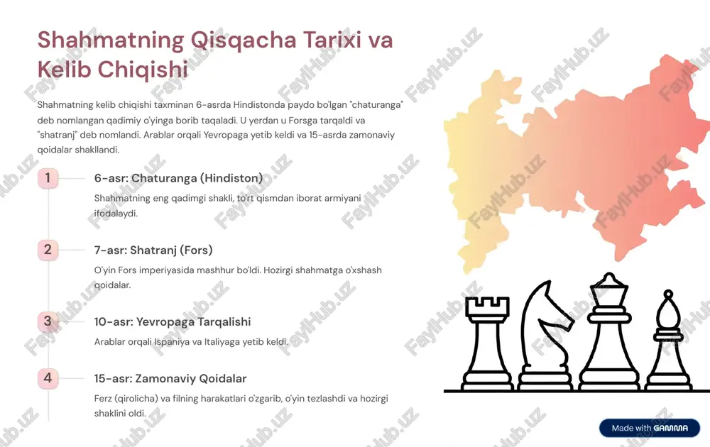 ategik murakkablik shahmat ko'pincha "qirollik o'yini" deb ataladi va uning murakkabligi beqiyosdir. har bir donaning o'ziga xos harakatlari va vazifalari mavjud bo'lib, bu cheksiz kombinatsiyalarni keltirib chiqaradi. o'yin uch bosqichga bo'linadi: debyut, mittelfil (o'rta o'yin) va endshpil (yakuniy o'yin). debyut (boshlanish) donalarni markaziy nazorat uchun samarali joylashtirish. nazariy bilimlar muhim. mittelfil (o'rta o'yin) asosiy janglar sodir bo'ladigan, taktika va kombinatsiyalar ustunlik qiladigan bosqich. endshpil (yakuniy o'yin) kam sonli donalar bilan o'ynaladi. aniqlik va texnik mahorat talab etiladi. shahmatda eng muhim narsa 4 raqibning keyingi harakatlarini oldindan ko'ra bilish va o'z harakatlaringizni rejalashtirishdir. bu aqliy gimnastika hisoblanadi. https://gamma.app/?utm_source=made-with-gamma shashka: taktik cheklovlar va chuqurlik shashka qoidalari shahmatga nisbatan soddaroq bo'lsa-da, u o'zining taktik chuqurligiga ega. shashkada harakatlar cheklangan (faqat oldinga, diagonal bo'ylab), ammo majburiy yutish qoidasi (capture is mandatory) o'yinni keskinlashtiradi. majburiy yutish qoidasi agar raqib donasini yutish imkoniyati bo'lsa, o'yinchi buni bajarishga majbur. bu ko'pincha ketma-ket yutish kombinatsiyalariga olib keladi. dama …