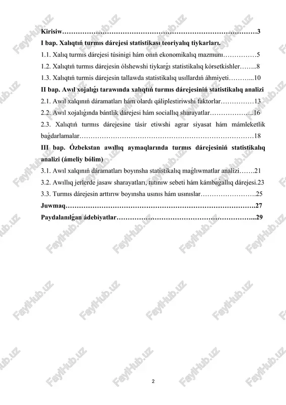rejesin tereń úyreniw hám bahalaw arqalı mámlekettiń sociallıq siyasatın qáliplestiriw, kámbaǵallıqtı qısqartıw, xalıqtıń abadanlıǵın arttırıw boyınsha anıq ilimiy tiykarlanǵan qararlar qabıl etiledi. usı kózqarastan, xalıqtıń turmıs dárejesi statistikası tek ǵana muǵdarlıq ólshemlerdi emes, al sapa kórsetkishlerin de qamtıp aladı. ol xalıqtıń tutınıw talapları, dáramat dárekleri, sociallıq xızmetlerden paydalanıw imkaniyatları hám ulıwma turmıs sapasın tallawǵa xızmet etedi. ózbekstan respublikasında sońǵı jılları xalıqtıń turmıs dárejesin arttırıw, kámbaǵallıqtı azaytıw hám awıllıq jerlerde jasaw sharayatların jaqsılawǵa qaratılǵan bir qatar mámleketlik baǵdarlamalar ámelge asırılmaqta. ásirese, agrar tarawda bul másele oǵada áhmietli, sebebi mámleket xalqınıń sezilerli bólegi awıllıq jerlerde jasaydı hám olardıń tiykarǵı dáramat dáregi awıl xojalıǵı menen baylanıslı. sol sebepli, awıl xalqınıń turmıs dárejesin statistikalıq tallaw olardıń ekonomikalıq jumısı, bántlik dárejesi, tutınıw imkaniyatları hám sociallıq támiynat jaǵdayın anıqlawda úlken áhmietke ie. statistika páni bul proceste isenimli maǵluwmatlardi jiynaw, sistemalastiriw hám analizlew arqali ekonomikalıq qararlar ushin zárúr ilimiy tiykar jaratadi. xalıqtıń turmıs dárejesi statistikası járdeminde ekonomikalıq …