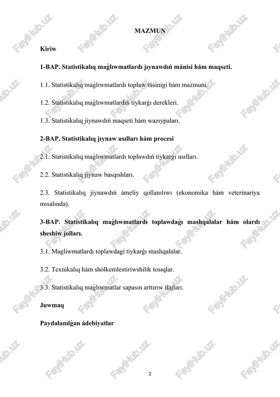 nawdıń mazmunı hám mashqalaları" temasın úyreniw tek teoriyalıq emes, al ámeliy jaqtan da áhmietli. kurs jumısınıń maqseti bul kurs jumısınıń tiykarǵı maqseti - statistikalıq maǵlıwmatlardı jıynaw procesiniń teoriyalıq tiykarların úyreniw, olardıń ekonomikalıq hám sociallıq tallawdaǵı ornın anıqlaw jáne maǵlıwmat jıynaw procesinde ushırasatuǵın mashqalalardı tallap, olardı saplastırıw boyınsha ámeliy usınıslar islep shıǵıwdan ibarat. kurs jumısınıń wazıypaları belgilengen maqsetke erisiw ushın tómendegi wazıypalar qoyıladı: 1) statistikalıq maǵlıwmatlardı jıynawdıń mazmun hám mánisin teoriyalıq jaqtan talqılaw; 2) statistikalıq maǵlıwmatlardı toplawdıń tiykarǵı dereklerin úyreniw; 3) statistikalıq jıynawdıń túrleri hám basqıshların anıqlaw; 4) veterinariya hám sharwashılıq tarawlarında statistikalıq jıynaw procesiniń ózine tán táreplerin kórsetiw; 5) statistikalıq maǵlıwmatlardı jıynawdaǵı ámeliy mashqalalardı anıqlaw hám olardı sheshiw jolların usınıw. kurs jumısınıń predmeti kurs jumısınıń predmeti - ekonomikalıq hám sociallıq processlerde, atap aytqanda, veterinariya hám sharwashılıq tarawlarında statistikalıq maǵlıwmatlardı jıynaw procesiniń shólkemlestiriliwi, mazmunı, usılları hám sapasın arttırıw faktorların úyreniwden ibarat. kurs ishining obyekti kurs ishining obyekti sifatida o‘zbekiston respublikasining veterinariya, …