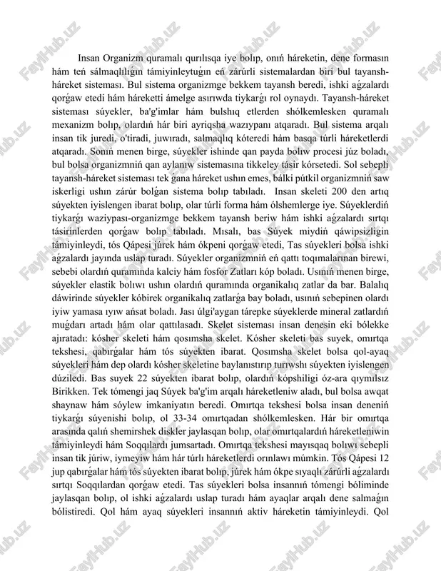 , qabırǵalar hám tós súyekten ibarat. qosımsha skelet bolsa qol-ayaq súyekleri hám dep olardı kósher skeletine baylanıstırıp turıwshı súyekten iyislengen dúziledi. bas suyek 22 súyekten ibarat bolıp, olardıń kópshiligi óz-ara qıymılsız birikken. tek tómengi jaq súyek ba'g'im arqalı háreketleniw aladı, bul bolsa awqat shaynaw hám sóylew imkaniyatın beredi. omırtqa tekshesi bolsa insan deneniń tiykarǵı súyenishi bolıp, ol 33-34 omırtqadan shólkemlesken. hár bir omırtqa arasında qalıń shemirshek diskler jaylasqan bolıp, olar omırtqalardıń háreketleniwin támiyinleydi hám soqqılardı jumsartadı. omırtqa tekshesi mayısqaq bolıwı sebepli insan tik júriw, iymeyiw hám hár túrlı háreketlerdi orınlawı múmkin. tós qápesi 12 jup qabırǵalar hám tós súyekten ibarat bolıp, júrek hám ókpe sıyaqlı zárúrli aǵzalardı sırtqı soqqılardan qorǵaw etedi. tas súyekleri bolsa insannıń tómengi bóliminde jaylasqan bolıp, ol ishki aǵzalardı uslap turadı hám ayaqlar arqalı dene salmaǵın bólistiredi. qol hám ayaq súyekleri insannıń aktiv háreketin támiyinleydi. qol súyekleri iyninen baslap bilekke, keyin alaqan hám barmaqlarǵa ótedi. ayaq súyekleri …