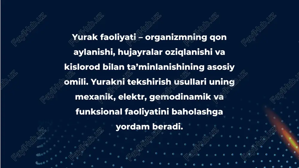 profili: xolesterin, ldl, hdl - qon glyukozasi, elektrolitlar tasvirlash metodlari 1. rentgen - yurak soyasi kattaligi - o‘pka va yurak qon aylanishi holati 2. kt – koronar angiografiya - koronar tomirlar toraygan joyini ko‘rsatadi 3. mrt - yurak mushaklari strukturasini aniq beradi - fibroz, kardiomiopatiya, qon oqimi tasviri xulosa yurak faoliyatini tekshirish usullari — organizmning eng muhim hayotiy jarayonlarini baholashga imkon beradigan kompleks diagnostik yondashuvdir. fizikal tekshiruvlar yurakning tashqi ko‘rinishi va mexanik ishida yuzaga kelgan o‘zgarishlarni aniqlasa, instrumental metodlar yurakning elektr faolligi, tuzilishi va funksiyasini aniq tasvirlab beradi. laborator ko‘rsatkichlar esa miokard shikastlanishi va gemodinamik buzilishlar haqida muhim ma’lumotlar beradi. foydalanilgan adabiyotlar gayton a. k., xoll dj.e. fiziologiya cheloveka. – moskva: logosfera, 2020. tortora g., derrickson b. principles of anatomy and physiology. – wiley, 2019. bern r., levi m. fiziologiya cheloveka. – moskva: binom, 2018. kevin patton, gari tortoro. anatomiya i fiziologiya serdechno-sosudistoy sistemi. – elsevier, 2021. marri r. fiziologiya …