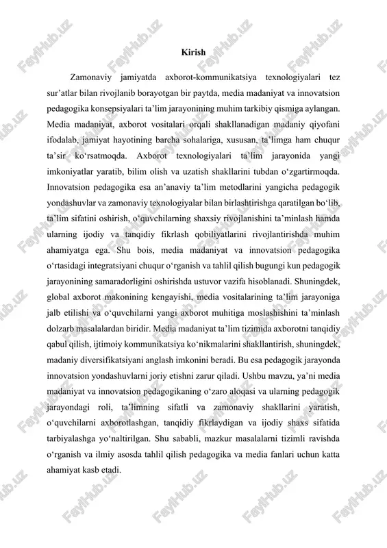 ifatli va zamonaviy shakllarini yaratish, o‘quvchilarni axborotlashgan, tanqidiy fikrlaydigan va ijodiy shaxs sifatida tarbiyalashga yo‘naltirilgan. shu sababli, mazkur masalalarni tizimli ravishda o‘rganish va ilmiy asosda tahlil qilish pedagogika va media fanlari uchun katta ahamiyat kasb etadi. media madaniyat tushunchasi, uning asosiy elementlari va ahamiyati media madaniyat zamonaviy jamiyatda axborot texnologiyalari va kommunikatsiya vositalarining ijtimoiy, madaniy va siyosiy jarayonlarga ta’sirini o‘rganadigan murakkab ijtimoiy hodisadir. ushbu tushuncha insonlarning turli media vositalari — televideniye, radio, internet, kino, ijtimoiy tarmoqlar va boshqa axborot manbalari orqali qabul qiladigan madaniy qadriyatlari, axborot tizimlari va kommunikatsiya shakllarini ifodalaydi. media madaniyat tushunchasi media madaniyat — bu axborot vositalari yordamida shakllanadigan madaniy muhit, unda ijtimoiy xulq-atvor, qadriyatlar, ideallar va dunyoqarash media orqali tarqatiladi va qabul qilinadi. media madaniyat odamlar o‘rtasida axborot almashinuvi va kommunikatsiya jarayonini yo‘lga qo‘yish bilan birga, jamiyatda keng tarqalgan ma’naviy-axloqiy normalar va madaniy kodlarni shakllantirishda muhim rol o‘ynaydi. media madaniyatning asosiy elementlari 1. axborot resurslari — …