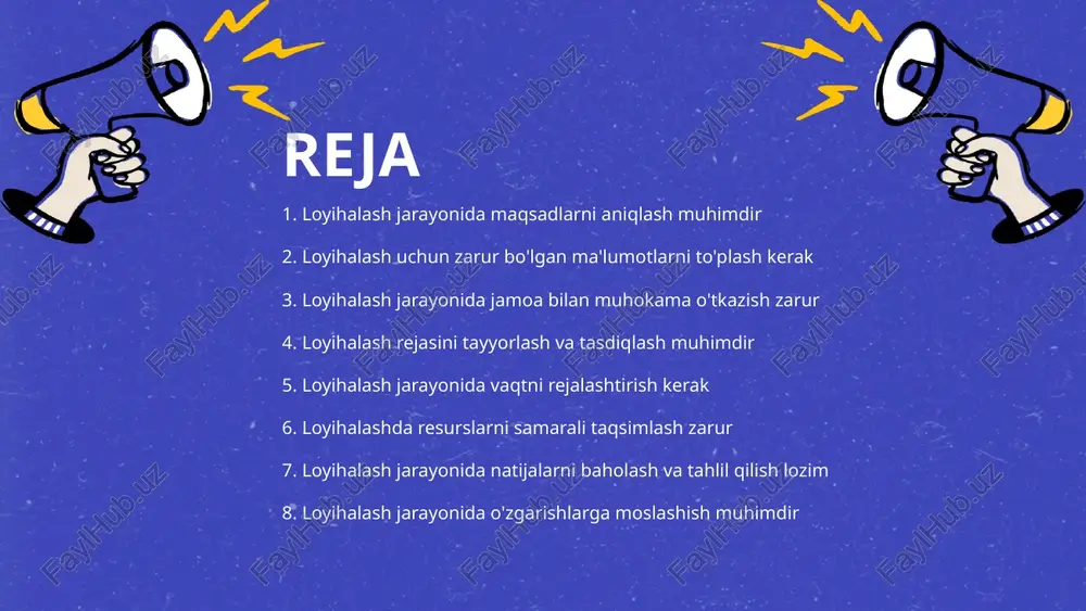 jamoaviy yechim topishga yordam beradi. yangi g'oyalarni rivojlantirish - jamoa bilan muhokama o'tkazish yangi g'oyalarni rivojlantirishga xizmat qiladi. har bir a'zoning taklifi, loyiha sifatini oshirishga imkon yaratadi. motivatsiya va hamjihatlik - jamoa muhokamalari, a'zolar orasida motivatsiya va hamjihatlikni kuchaytiradi. birgalikda ishlash ijobiy natijalarga olib keladi. 5 loyihalash rejasini tayyorlash va tasdiqlash muhimdir rejaning asosiy maqsadi - loyihalash rejasining asosiy maqsadi loyiha jarayonlarini samarali va tizimli ravishda boshqarishni ta'minlashdir tahlil va rejalashtirish - reja tayyorlash jarayonida tahlil va rejalashtirish muhim rol o'ynaydi, bu resurslarni optimal taqsimlashni va qiyinchiliklarni oldini olishni ta'minlaydi tasdiqlash jarayoni - reja tasdiqlash jarayoni loyiha manfaatdor tomonlarining ro'yxatga olish va fikr分享 qilish imkoniyatini yaratadi monitoring va baholash - loyiha davomida rejaning amalga oshirilishini monitoring qilish va baholash loyiha muvaffaqiyatini ta'minlaydi 6 loyihalash jarayonida vaqtni rejalashtirish kerak vaqtni samarali boshqarish - loyihalash jarayonida vaqtni samarali boshqarish muhim ahamiyatga ega. bu jarayonda har bir bosqichni aniq belgilash va uning muddatlarini …