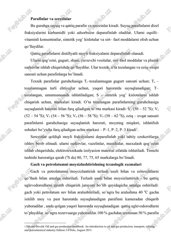 li bilan moysizlantirish - bu qattiq uglevodorodlarni ajratib chiqarish jarayoni bo’lib quyidagicha amalga oshiriladi: gach yoki petrolatum suv bilan aralashtiriladi, so’ngra bu aralashma 40 0c gacha isitilib moy va past haroratda suyuqlanadigan parafinni kameradan chiqarib yuboradilar , unda qolgan yuqori haroratda suyuqlanadigan qattiq uglevodorodlarni to’playdilar so’ngra rezervuarga yuboradilar.100 % gachdan taxminan 50 % parafin oladilar. hozirgi vaqtda bu usul sanoatda deyarli qo’llanilmaydi. texnologik tartib quyidagiga keltirilgan: harorat 0c eritmaga ishlov berishniki 70-80 fil’trlashning birinchi bosqichiniki -10dan-0 fil’trlashning ikkinchi bosqichiniki +5 dan -5 suyultirishning umumiy karraligi (6-9):1 gach (i) va petrolatum (ii) ni moysizlantirishning moddiy balansi quyida keltirilgan [% (mass)]: 19-jadval olingan i ii xom ashyo (gach, petrolatum) 100 100 erituvchi* 600 900 hammasi 700 1000 hosil qilingan parafin (serezin) eritmasi 206 305 shu jumladan: parafin(serezin) 56 35 erituvchi 150 270 moysizlantirish filtirining eritmasi 494 695 shu jumladan fil’trat 44 65 erituvchi 450 630 hammasi 700 1000 *cho’kmani yuvish uchun ketadigan …