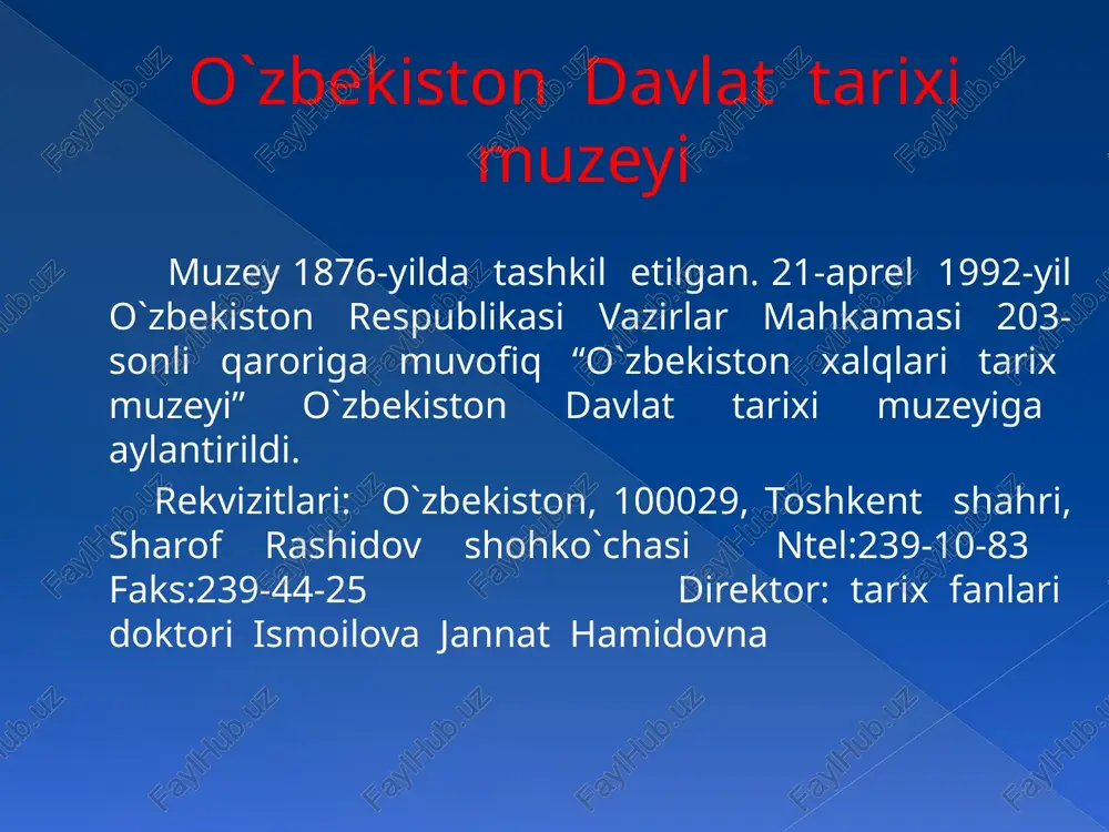 v ko`chasi, 4 a uy)- o`zbekistonda olimpiada harakati va sport yutuqlarini targ`ib qiluvchi markaz. osiyo qit’asida birinchi tashkil qilingan olimpiya muzeyi. ochilishi-da xalqaro olimpiyada qo`mitasining o`sha davrdagi prezidenti x.a.samaranch ishtirok etgan. e’tiboringiz uchun rahmat! image4.jpeg image5.jpeg image6.jpeg image7.jpeg image1.jpeg /docprops/thumbnail.jpeg