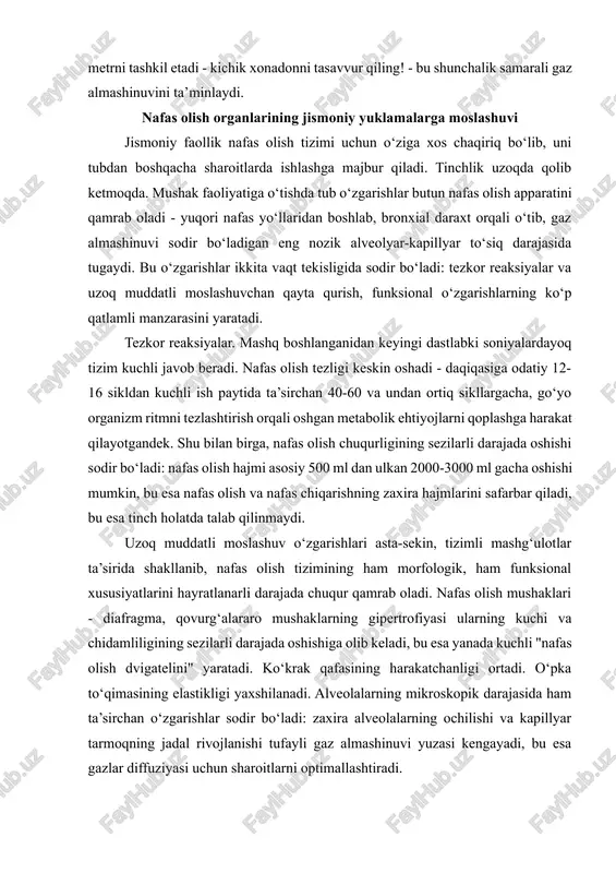 ar bo‘lib, devorlari bir qavatli yassi epiteliydan tuzilgan va juda qalin kapillyarlar to‘ri bilan o‘ralgan. katta yoshli odamda alveolyar yuzaning umumiy maydoni taxminan yetmish-sakson kvadrat metrni tashkil etadi - kichik xonadonni tasavvur qiling! - bu shunchalik samarali gaz almashinuvini ta’minlaydi. nafas olish organlarining jismoniy yuklamalarga moslashuvi jismoniy faollik nafas olish tizimi uchun o‘ziga xos chaqiriq bo‘lib, uni tubdan boshqacha sharoitlarda ishlashga majbur qiladi. tinchlik uzoqda qolib ketmoqda. mushak faoliyatiga o‘tishda tub o‘zgarishlar butun nafas olish apparatini qamrab oladi - yuqori nafas yo‘llaridan boshlab, bronxial daraxt orqali o‘tib, gaz almashinuvi sodir bo‘ladigan eng nozik alveolyar-kapillyar to‘siq darajasida tugaydi. bu o‘zgarishlar ikkita vaqt tekisligida sodir bo‘ladi: tezkor reaksiyalar va uzoq muddatli moslashuvchan qayta qurish, funksional o‘zgarishlarning ko‘p qatlamli manzarasini yaratadi. tezkor reaksiyalar. mashq boshlanganidan keyingi dastlabki soniyalardayoq tizim kuchli javob beradi. nafas olish tezligi keskin oshadi - daqiqasiga odatiy 12-16 sikldan kuchli ish paytida ta’sirchan 40-60 va undan ortiq sikllargacha, go‘yo organizm …