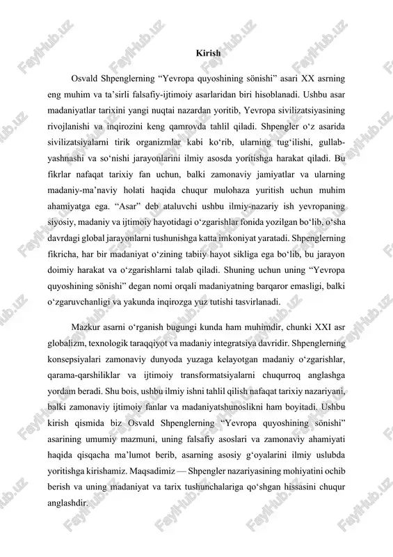 isqacha ma’lumot berib, asarning asosiy g‘oyalarini ilmiy uslubda yoritishga kirishamiz. maqsadimiz — shpengler nazariyasining mohiyatini ochib berish va uning madaniyat va tarix tushunchalariga qo‘shgan hissasini chuqur anglashdir. 1.asar mazmuni va asosiy g‘oyalari osvald shpenglerning “yevropa quyoshining sönishi” asari xx asrning boshlarida yevropa madaniyatining kelajakdagi yo‘nalishlari va inqirozini tahlil qilishga qaratilgan falsafiy-nazariy ishlardan biridir. shpengler o‘z asarida madaniyatlarni tirik organizmlar kabi ko‘rib, ularning tug‘ilishi, gullab-yashnashi va so‘nish jarayonlarini aniqlik bilan izohlaydi. bu yondashuv unga sivilizatsiyalar tarixini doimiy o‘sish va inqiroz qonuniyatlari asosida talqin qilish imkonini beradi. shpenglerning asosiy fikriga ko‘ra, har bir madaniyat o‘ziga xos hayotiy siklga ega bo‘lib, uning rivojlanish bosqichlari tabiiy va muqarrardir. ushbu sikl quyidagi bosqichlarni o‘z ichiga oladi: tug‘ilish, gullab-yashnash, yetuklik va so‘nish. masalan, qadimgi yunon va rim madaniyati o‘zining yuqori nuqtasiga yetganidan keyin so‘nish jarayoniga kirgan, natijada yangi sivilizatsiyalar shakllangan. shu sababli shpengler tarixni nafaqat hodisalar ketma-ketligi, balki madaniy va sivilizatsion qonuniyatlar bilan bog‘liq jarayon sifatida …