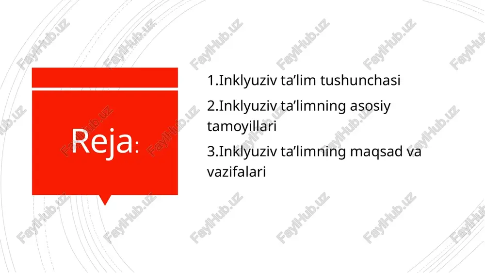 jratish, cheklash, kam baholashga yo‘l qo‘yilmaydi.har bir bola qadriyat sifatida qabul qilinadi. 8. barqaror rivojlanishga yo‘naltirilganlik inklyuziv ta’lim nafaqat o‘quvchini o‘qitadi, balki uning kelajakdagi mustaqilligi, mehnat va ijtimoiy hayotga tayyorlanishini ta’minlaydi inklyuziv taʼlim inklyuziv ta’limning maqsadi— har bir bolaga, uning jismoniy, aqliy yoki psixologik farqlaridan qat’i nazar, teng va qulay ta’lim olish imkoniyatini yaratish, jamiyatda to‘liq ishtirok etishiga sharoit yaratish. inklyuziv ta’limning asosiy vazifalari: 1. maxsus ehtiyojli bolalarni ta’lim jarayoniga jalb qilish-ularni alohida emas, umumiy ta’lim muhitida o‘qitish.sinfda teng ishtirokini ta’minlash. 2. ta’lim jarayonini moslashtirish-dars materiallarini, metodlarini va sharoitlarini bolaga moslashtirish.individual ta’lim dasturi (itd) ishlab chiqish. inklyuziv taʼlim 3. psixologik, pedagogik va texnik yordam ko‘rsatish-pedagog, psixolog, defektolog kabi mutaxassislar bilan qo‘llab-quvvatlash.maxsus moslamalar, texnik vositalar bilan ta’minlash. 4. ijtimoiy moslashuvni kuchaytirish-bolaning jamiyatga qo‘shilishi, muloqot qilish ko‘nikmalarini rivojlantirish.o‘ziga bo‘lgan ishonchni oshirish. 5. o‘qituvchilarni zamonaviy inklyuziv yondashuvga tayyorlash-maxsus treninglar, metodik qo‘llanmalar bilan ta’minlash.o‘qituvchilarning kompetensiyasini oshirish. 6. stereotiplarni kamaytirish va ijobiy muhit yaratish-sinfda mehr-muruvvat, …