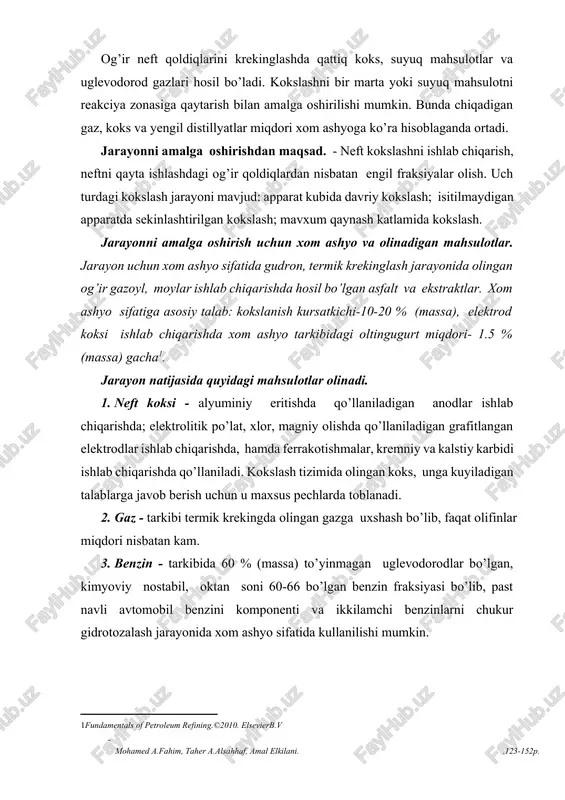 benzinlarni chukur gidrotozalash jarayonida xom ashyo sifatida kullanilishi mumkin. 4. kerosin-gazoyl fraksiyasi - dizel, pech va gaz turbinalari uchun yoqilg’i, gidrotozalash va katalitik krekinglash jarayoni uchun xom ashyo sifatida qo’llaniladi. bosim ostida olib boriladigan termokreking jarayonidan kokslashni farqi, termokrekingda hosil bo’lgan og’ir suyuq kreking – qoldiq tizimdan chiqarilib turiladi, kokslashda esa resirkulyat sifatida reaksiyaning eng og’ir mahsulotidan foydalaniladi. sanoatda kokslash jarayonlari uch tipga bo’linadi: • davriy; • yarim uzluksiz; • uzluksiz. davriy kokslash jarayoni gorizontal ko’rinishidagi uzunligi 10-12m va diametri 2-4,5m gacha bo’lgan kokslash kublarida o’tkaziladi. xom ashyo kubga yuklanadi va kub ostida joylashtirilgan forsunka moslamasi yordamida asta-sekin qizdiriladi. taxminan 3000c temperaturada distillyat bug’lari ajralishi boshlanadi, ular kondensatsiya va sovitish tizimiga tushadi. kubni qizdirish 4500c dan yuqori issiqlik ta`sirida bug’ fazaga ajralish qisqaradi va to’xtaydi. jarayon tugashi va kub tubida hosil bo’lgan koksni toblash uchun tubdagi temperatura 700-7500c gacha ko’tariladi va u 1-3 soat davomida saqlab turiladi. kubni sovutishdan so’ng, …
