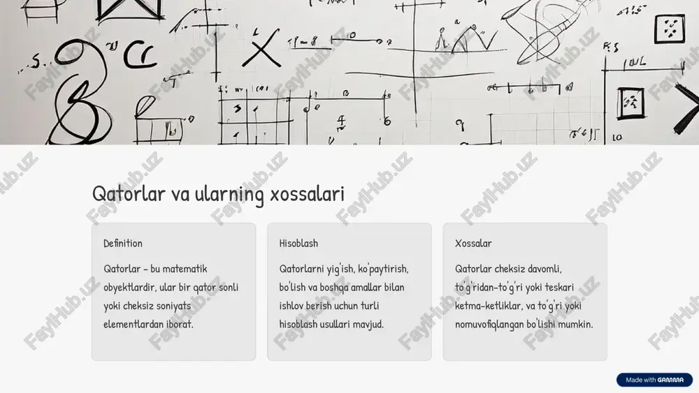 ar tartibiga va miqdoriga bog'liq. konvergent qatorlarni topish va tahlil qilish muhim amaliy va nazariy ahamiyatga ega. 5 qatorlar va yigindilari qatorlar yig'indisi qatorlar yig'indisi bir nechta qatorlarning sonli yoki cheksiz yig'indisidir. bu yig'indining xossalari qatorlarning xususiyatlariga bog'liq bo'ladi. yig'indida integrallash cheksiz qatorlar yig'indisi ba'zan chekli integrallarga olib kelishi mumkin. bu aloqa qatorlar nazariyasining eng muhim natijalari orasida hisoblanadi. qatorlar va yig'indilar qatorlar va yig'indilar matematik tahlilda keng qo'llaniladi. ular turli xil funktsiyalarning tavsifini beradi va differensial tenglamalar nazariyasida muhim rol o'ynaydi. amaliy qo'llanilishi qatorlar va yig'indilar fizika, texnika, iqtisodiyot va boshqa sohalarda keng qo'llaniladi. ular taxminlar asosida ma'lumotlarni tahlil qilish va funksiyalarni yaqinlashtirishga imkon beradi. 6 qatorlar va integrallar integral functions integrals can be used to represent the sum of an infinite series, allowing for powerful analytical techniques. graphical representation visualizing the relationship between a series and its integral can provide important insights into the behavior of the function. …