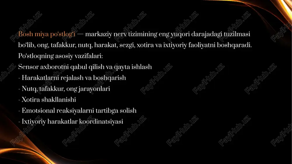 h, hisob 2. plastiklik – yangi aloqa o‘rnatish qobiliyati 3. somatotopik tuzilish – “motor va sensor homunkulus” 4. asab impulslarini integratsiya qilish 5. ikkita yarim shar funksional tenglikda ishlaydi (korpus kallosum orqali) presentation template by bazal yadrolar (nucleus basalis) tuzilishi - bazal yadrolar yarim sharlar ichida joylashgan chuqur kul rang yadro guruhlaridir: - kaudat yadrosi (nucleus caudatus) - putamen - globulus pallidus (pallidum) - nucleus accumbens - substantia nigra (o‘rta miyada) - subthalamic nucleus presentation template by bazal yadrolar shikastlanishida - parkinson – dofamin yetishmasligititroq, sekin harakat, rigidlik - xoreya (huntington) – haddan tashqari harakat - distoniyalar – mushak spazmlariatetoz – sekin egri harakatlar presentation template by bosh miya yarim sharlar po‘stlog‘i insonning ongli faoliyati, tafakkuri, sezgi, xotira va ixtiyoriy harakatlarning asosiy markazidir. bazal yadrolar esa harakatlarning aniqligi, ravonligi va muvofiqligini ta’minlaydi. ularning birgalikda faol ishlashi organizmning harakat va sensor jarayonlarini mukammal boshqaradi. xulosaar: presentation template by purves d., augustine …