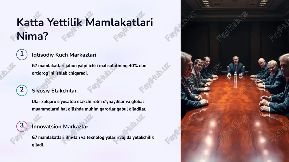 arshi kurashish kabi global muammolarni hal qilishda etakchi rolni o'ynaydilar. xalqaro iqtisodiy tartibotni belgilash g7 mamlakatlari dunyo iqtisodiyoti va savdo-sotiq tartibotini belgilaydilar. 6 katta yettilik mamlakatlari xalqaro hamkorligidagi roli xalqaro kelishuv g7 mamlakatlari xalqaro hamjamiyatdagi muhim qarorlarni qabul qilish va amalga oshirishda faol ishtirok etadilar. moliyaviy yordamlar ular rivojlanayotgan mamlakatlarga moliyaviy va texnik yordam ko'rsatishda asosiy manba hisoblanadi. global masalalarni muhokama qilish g7 sammitlari dunyo miqyosidagi eng muhim muammolarni muhokama qilish forumi sifatida xizmat qiladi. 7 katta yettilik mamlakatlari taraqqiyoti uchun asosiy muammolar demografik o'zgarishlar aholining qarilib borishi g7 mamlakatlari uchun jiddiy muammo bo'lib qolmoqda. iqtisodiy barqarorlik jahon moliyaviy inqirozlari va savdo urushlaridan salbiy ta'sirlanish xavfi mavjud. ekologik muammolar iqlim o'zgarishlari, ekologik muammolar va resurslarning cheklanishi dolzarb masalalardir. 8 katta yettilik mamlakatlari uchun istiqbolli yo'nalishlar 1 yangi texnologiyalarga investitsiya ai, robotika, raqamli iqtisodiyot kabi yangi texnologiyalarni rivojlantirish hamda ulardan foydalanish. 2 yangi bozorlar va servislar globallashuv davrida yuksak qo'shimcha qiymat …
