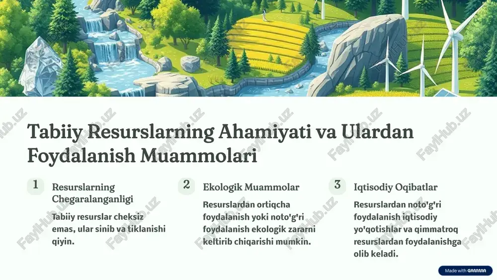 ish. precision farming zamonaviy axborot texnologiyalaridan foydalanish, resurslarni tejash. biologik xilma-xillikni saqlash yerlardan oqilona foydalanish, o'simlik va hayvonot dunyosini asrash. 6 bioturli-xillikni saqlash va yaxshilash 1 muhofaza zonalarini tashkil etish tabiiy ekotizimlarni himoya qilish uchun maxsus hududlar ajratish. 2 zararkunandalarni nazorat qilish ekologik jihatdan xavfsiz usullar orqali tashqi ta'sirni kamaytirish. 3 o'simlik va hayvonot dunyosini qayta tiklash yo'q bo'layotgan va yo'qolib ketayotgan turlarni qayta tiklab, bioturli-xillikni saqlash. 7 qattiq maishiy chiqindilarni qayta ishlash qattiq chiqindilar qayta ishlash usullari foydali mahsulotlar plastik eritish, quyish, granullash yangi plastik buyumlar qog'oz maydalash, tozalash, qayta ishlab chiqarish yangi qog'oz mahsulotlari metal erishtirish, qayta ishlash yangi metal buyumlar 8 tabiiy resurslardan oqilona foydalanishning iqtisodiy va ijtimoiy samara-si iqtisodiy samara resurslardan oqilona foydalanish vaqt va mablag' tejashga olib keladi, bu iqtisodiy rivojlanishga xizmat qiladi. ijtimoiy samara yashil iqtisodiyot yangi ish o'rinlari va sog'lom ekologik muhitni yaratadi, bu odamlarning turmush sifatini oshiradi. ekologik samara resurslarni tejash va …