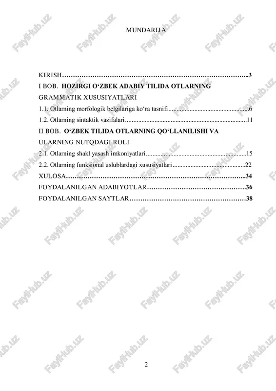 nilish doirasini kengaytirish va rivojlantirishga qaratilgan chora-tadbirlarni belgilaydi. 1 o‘zbekiston respublikasi prezidentining 2020-yil 20-oktabrdagi pf-6084- son farmoni: "mamlakatimizda o‘zbek tilini yanada rivojlantirish va til siyosatini takomillashtirish chora-tadbirlari to‘g‘risida". ushbu farmon o‘zbek tilini o‘qitish tizimini takomillashtirish, uning ilm-fan tili sifatidagi nufuzini oshirish va xalqaro miqyosda o‘zbek tilining o‘rnini mustahkamlashga qaratilgan. o‘zbekiston respublikasi prezidentining 2019-yil 4-oktabrdagi qarori: "o‘zbekiston respublikasining 'davlat tili haqida'gi qonuni qabul qilinganining o‘ttiz yilligini keng nishonlash to‘g‘risida". ushbu qaror davlat tili haqidagi qonunning 30 yilligini nishonlash va o‘zbek tilining jamiyatdagi o‘rnini mustahkamlashga qaratilgan tadbirlarni o‘z ichiga oladi. mazkur kurs ishida hozirgi o‘zbek adabiy tilida ot so‘z turkumining xususiyatlari atroflicha yoritilib, uning morfologik va sintaktik belgilariga alohida e’tibor qaratiladi. shuningdek, otlarning shakl yasash imkoniyatlari, ularning leksik- semantik tasnifi va nutqdagi vazifalari tahlil qilinadi. 1 o‘zbekiston respublikasi prezidentining “o‘zbek tilining xalqaro nufuzini oshirishga doir qo‘shimcha chora-tadbirlar to‘g‘risida”gi pq-5004-sonli qarori 4 kurs ishining dolzarbligi: hozirgi o‘zbek adabiy tilida ot so‘z turkumi eng …