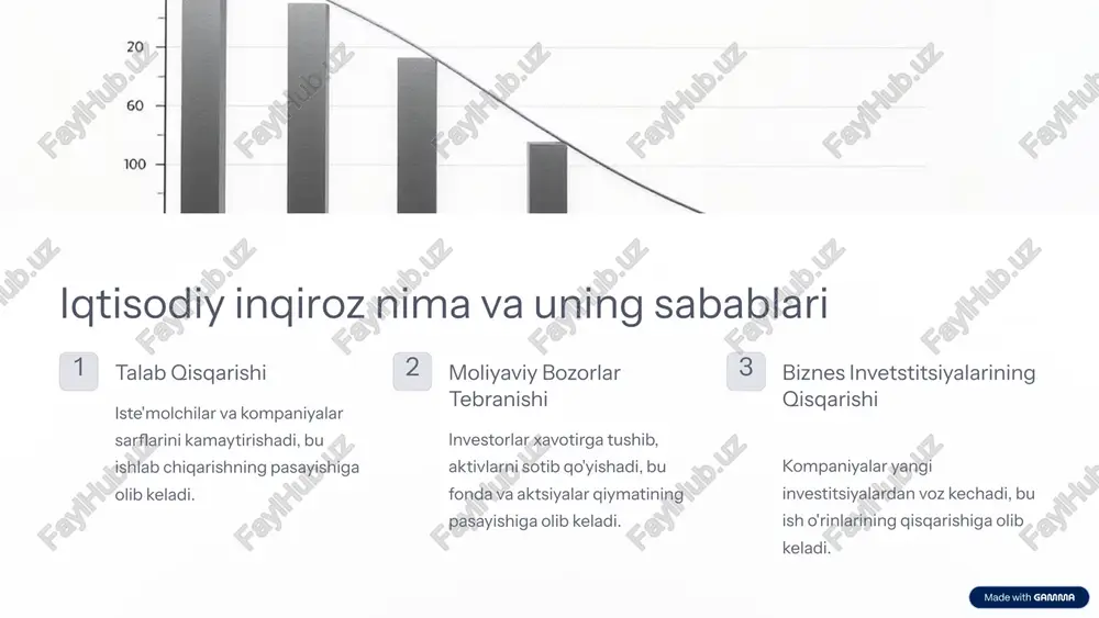 nidan infratuzilma, ilm-fan va boshqa ustuvor sohalarni rivojlantirish uchun investitsiyalar ajratiladi. ijtimoiy himoya ishsiz qolganlar, kam ta'minlangan oilalar va boshqa qatlam uchun ijtimoiy yordam ko'rsatiladi. 5 ushbu choralaming iqtisodiy o'sishga ta'siri 1 iste'mol talab oshishi soliq imtiyozlari va subsidiyalar oilalar uchun xarid qobiliyatini yaxshilaydi. 2 investitsiyalar oshishi kompaniyalar uchun foiz stavkalarining kamayishi va rag'batlantiruvchi omillar yangi investitsiyalarni keltirib chiqaradi. 3 eksport-import muvozanati valyuta kursi boshqaruvi eksportni rag'batlantiradi va importni kamaytiradi. 6 ishsizlikni kamaitish ish o'rinlarini yaratish davlat tomonidan yangi loyihalar va infratuzilma rivojlantirish orqali yangi ish o'rinlari yaratiladi. malaka oshirish kasbga yo'naltirish va qayta tayyorlash dasturlari orqali ishsizlarning malakasi oshiriladi. rag'batlantirish yangi ish o'rinlarini yaratgan yoki ishsizlarni ishga olgan korxonalar rag'batlantiriladi. 7 inflyasiyani nazorat qilish foiz stavkalarini oshirish markaziy bank foiz stavkalarini oshirish orqali iste'molchilar va kompaniyalarning kreditlash taklifi va sarflarini cheklaydi. pul massasini qisqartirish qimmatli qog'ozlarni sotib olish yoki foiz stavkalarining oshirilishi orqali pul massasi kamaytirilib, inflyasiya nazorat qilinadi. …
