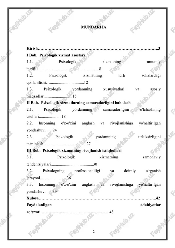 iyatining ilmiy va amaliy asoslarini mustahkamlashga imkon yaratadi. mavzuning dolzarbligi shundan iboratki, zamonaviy dunyoda har bir insonga shaxsiy yondashuvni ta'minlash, uning ehtiyojlarini to‘g‘ri tushunish va muammolarni hal qilish uchun individual yondashuvlarni ishlab chiqish muhim ahamiyatga ega. shu bilan birga, ushbu mavzu psixologik yordamning sifati va samaradorligini oshirish, mijozlarning ishonchini qozonish va ularning ruhiy salomatligini yaxshilashga qaratilgan.[footnoteref:1] [1: shukurillayev, m. (2017). psixologiya: nazariy asoslar va amaliyot. toshkent: ma'naviyat. ] bundan tashqari, mavzu milliy va xalqaro miqyosda psixologik xizmat ko‘rsatishning rivojlanish tendensiyalarini o‘rganish uchun keng imkoniyat yaratadi va psixologik madaniyatni yuksaltirishda muhim rol o‘ynaydi. tadqiqotning maqsadi: ushbu tadqiqotning asosiy maqsadi psixologik xizmatning tamoyillari va undagi yondashuvlarni ilmiy-nazariy hamda amaliy jihatdan o‘rganish, ularning insonning ruhiy salomatligini saqlash va yaxshilashdagi ahamiyatini aniqlashdir. tadqiqot quyidagi masalalarni hal qilishga yo‘naltirilgan: · psixologik xizmatning tamoyillari (insonparvarlik, maxfiylik, ob'ektivlik, hurmat va boshqalar)ni tahlil qilish va ularning samaradorligini o‘rganish. · zamonaviy psixologik yondashuvlarni (kognitiv, behavioristik, gumanistik, integratsiyalangan va boshqalar) …