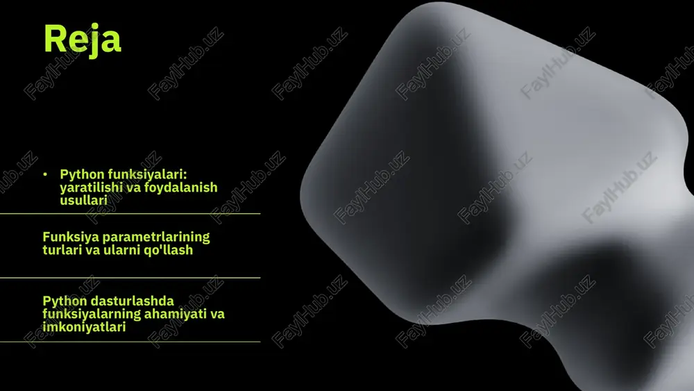 ratiladi. bular funksiya ichida ishlatiladigan o'zgaruvchilar sifatida ko'riladi. misol uchun, 'def qo'sh(x, y): return x + y' kodida, 'x' va 'y' funksiyaning parametrlaridir, ularning qiymatlari funksiyaga chaqirilganda beriladi. funksiyalardan qanday foydalanish kerak? python dasturlash muhitida funksiyalar, kodni qayta ishlatish va modulni tashkil etish imkonini beradi. funksiya yaratishda, siz uning nomini, parametrlarini va bajariladigan kodni belgilaysiz. bu orqali, funksiyalardan foydalanish dasturiy ta'minotning samaradorligini oshiradi. funksiyalarni chaqirish va natijalarni olish funksiyalarni chaqirish uchun ularning nomini yozib, kerakli argumentlarni taqdim etamiz. funksiya bajarilgandan so'ng, natija qaytariladi va uni o'zgaruvchiga saqlash yoki to'g'ridan-to'g'ri chiqarish mumkin. masalan, 'result = my_function(arg1, arg2)' ko'rinishida natijani saqlash mumkin. funksiya turlari • oddiy funksiyalar: oddiy funksiyalar, python dasturlashida eng asosiy funksiyalardir. ular ma'lum bir vazifani bajarish uchun yaratiladi va ko'pincha parametrlar qabul qilmaydi. masalan, oddiy "salom" chiqaruvchi funksiya bunday ko'rinishda bo'lishi mumkin: def salom(): print("salom, dunyo!") • qaytaruvchi funksiyalar: qaytaruvchi funksiyalar, o'z ichiga olingan kodni bajarib, natijani qaytaradigan funksiyalardir. …