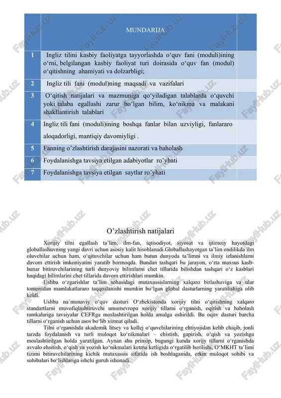 malga oshirildi. bu oquv dasturi barcha tillarni o‘rganish uchun asos bo‘lib xizmat qiladi. tilni o‘rganishda akademik litsey va kollej o‘quvchilarining ehtiyojidan kelib chiqib, jonli tarzda foydalanish va turli muloqot ko‘nikmalari – ehistish, gapirish, o‘qish va yozishga moslashtirilgan holda yaratilgan. aynan shu prinsip, bugungi kunda xorijy tillarni o‘rganishda avvalo ehsitish, o‘qish va yozish ko‘nikmalari ketma ketligida o‘rgatilib borilishi, o‘mkht ta’limi tizimi bitiruvchilarining kichik mutaxassis sifatida ish boshlaganida, erkin muloqot sohibi va sohibalari bo‘lishlariga ishchi guruh ishonadi. har qanday tilni o‘rganish avvalo tilni eshitib, unga paydo bo‘lgan qiziqishdan boshalanadi. buning uchun tilning asosiy strukturasini tashkil qiladigan 4 ta ko‘nikmaga asoslanadi. har bir ko‘nikmaga asos solish va uni rivojlantirib borishga kelganda, yangi tug’ilgan chaqoloq misolida – metaforasini keltirish bu o‘rinda joiz deb bilindi. chaqaloq gapirishiu uchun unga ota-onasi muhit yaratad. ya’ni eng avvalo atrof muhitdagi narslarning va insonlarning nomi, unga kim ekanligi tanishtirib boriladi. eshitish ko‘nikmasi. ushbu o‘quv dastiri va uning asosida yaratailjak …
