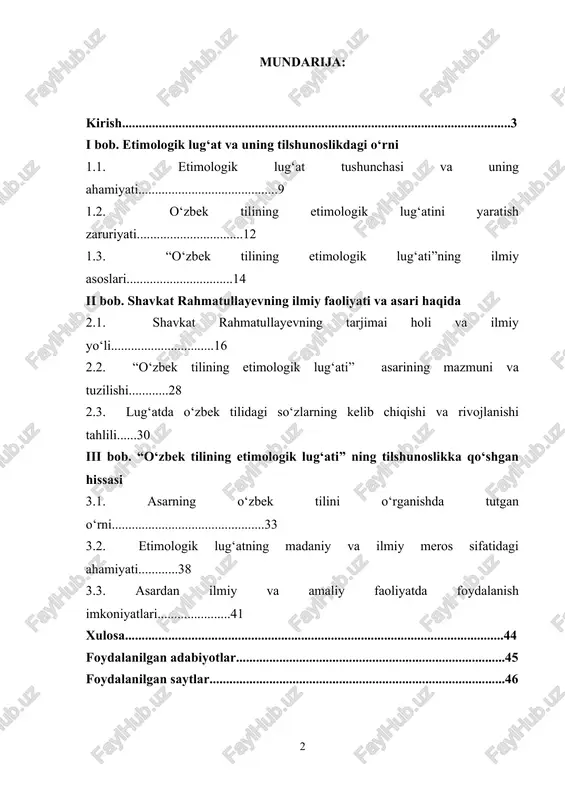 boyligi, madaniy merosi va o‘zligini ifoda etuvchi eng asosiy omillardandir. tilshunoslik sohasidagi ilmiy tadqiqotlar tilni faqat aloqa vositasi sifatida emas, balki uning ichki tuzilishi, so‘z boyligi va tarixiy rivojlanishini chuqur o‘rganishga imkon beradi. o‘zbek tili dunyo tillari orasida o‘zining boy leksikasi, grammatikasi va etimologiyasi bilan alohida o‘rin egallaydi. o‘zbek tilshunosligi tarixida ko‘plab olimlar tilning rivojlanishi, uning so‘z boyligi va kelib chiqishi ustida ish olib borgan. shavkat rahmatullayev o‘zining “o‘zbek tilining etimologik lug‘ati” asari bilan bu yo‘nalishga ulkan hissa qo‘shgan olimlardan biridir. ushbu asar o‘zbek tilining kelib chiqishini o‘rganishda muhim manba bo‘lib, so‘zlarning tarixiy ildizlarini ochib berishga yordam beradi. mazkur kurs ishida shavkat rahmatullayevning mazkur asari va uning ilmiy ahamiyati keng ko‘lamda tahlil qilinadi. “o‘zbek tilining etimologik lug‘ati” asarining mazmuni, metodologiyasi va o‘zbek tilshunosligiga qo‘shgan hissasi haqida fikr yuritiladi. shu bilan birga, etimologik tadqiqotlarning ahamiyati va ularning til rivojiga ta’siri ham yoritib beriladi. o‘zbekiston respublikasi prezidenti tomonidan qabul qilingan qarorlar, tilshunoslik …