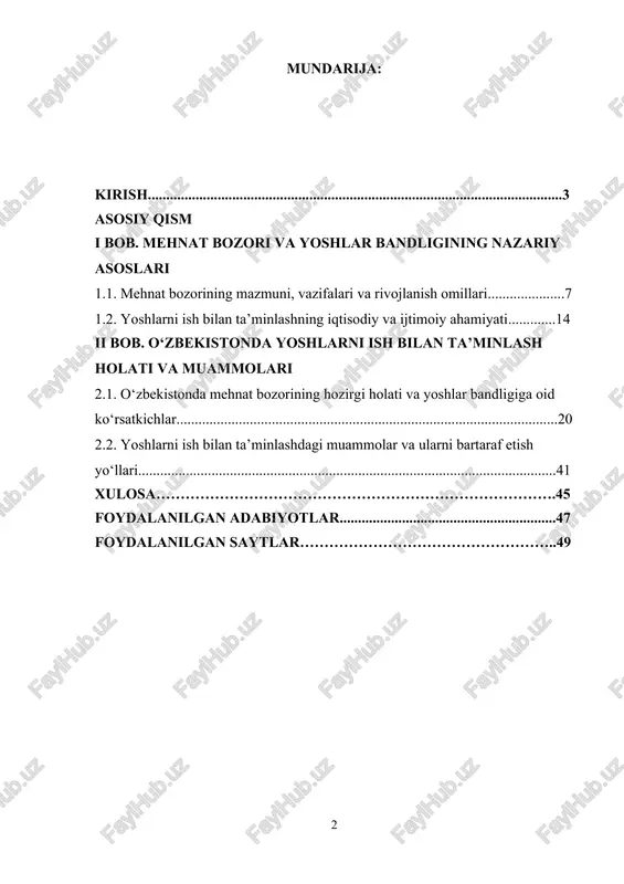 etuvchi yoshlarning to‘liq bandligi mamlakat ijtimoiy-iqtisodiy barqarorligining muhim kafolati hisoblanadi. shu boisdan, mehnat bozorini tartibga solish, yangi ish o‘rinlarini yaratish, yoshlarni zamonaviy kasb-hunarlarga yo‘naltirish, ularning bandligini ta’minlash masalasi o‘zbekistonda davlat siyosatining ustuvor yo‘nalishlaridan biriga aylangan. o‘zbekiston respublikasi prezidenti sh.m. mirziyoyev tashabbusi bilan oxirgi yillarda yoshlarga oid davlat siyosatini amalga oshirish, ularning hayot sifatini oshirish va kasbiy rivojlanishini qo‘llab-quvvatlash bo‘yicha qator muhim hujjatlar qabul qilindi. jumladan: · 2021-yil 13-yanvardagi “yoshlarni qo‘llab-quvvatlash va aholi salomatligini mustahkamlash yili” davlat dasturi to‘g‘risida”gi pf–6155-sonli farmon yoshlar bandligini ta’minlashga doir kompleks chora-tadbirlarni o‘z ichiga olgan;[footnoteref:1] [1: o‘zbekiston respublikasi prezidentining 2020 yil 8 maydagi "yoshlarni ish bilan ta’minlashni takomillashtirish chora-tadbirlari to‘g‘risida"gi pq-4695-son qarori. – toshkent, 2020. ] · 2022-yil 27-iyundagi “yoshlar bandligini ta’minlash va ularni tadbirkorlikka jalb qilishga doir qo‘shimcha chora-tadbirlar to‘g‘risida”gi pq–289-sonli qaror doirasida “yoshlar daftari”, “hunarmandchilik daftari” orqali maqsadli yordam tizimi joriy etildi; · 2023-yil 17-yanvardagi pf–14-sonli “o‘zbekiston–2030” strategiyasida ham yoshlarning bandligini oshirish, ularni zamonaviy …