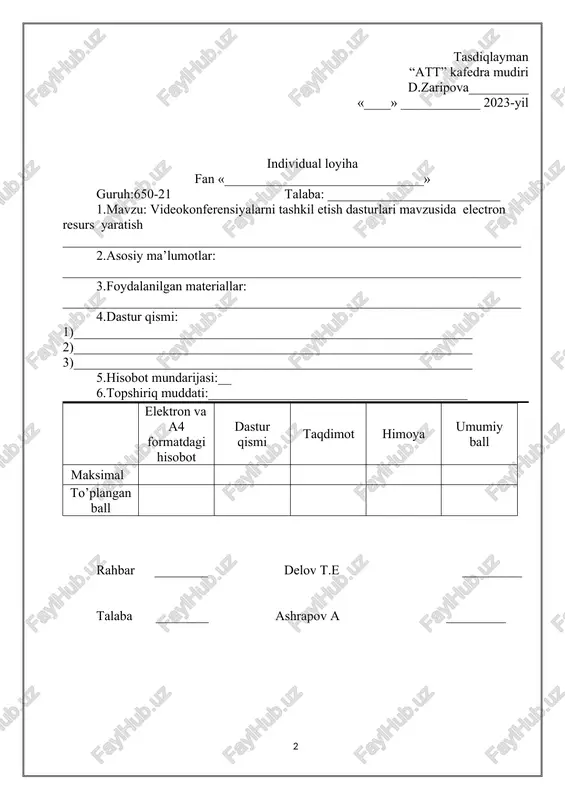 svirlar, grafikalar, ikonalar kabi elementlarni qo'llash va tahrirlash. 32 2.4 ma'lumotlarni vizualizatsiya qilish va grafikalar yaratish texnikalari. iii bob: amaliyot va loyihalar namunasi va ulashish , nashr etish 3.1 foydalanuvchilarni amaliy ravishda loyihalar yaratish uchun yo'naltilgan harakatlar. 36 3.2 qatnashchilarning o'z loyihalarini yaratib o'zlarining ko'nikmalarini rivojlantirishlari mumkin bo'lgan amaliy mashg'ulotlar. 3.3yaratilgan elektron resurslarni ulashish usullari (pdf, web havola, joylashtirilgan koddalar). xulosa……………………………………… 40 foydalanilgan adabiyotlar va manbalar ro‘yxati………. 41 ilovalar (agar bo‘lsa)………………………..... kirish bu kurs, piktochart platformasini o'rganish va uni elektronik resurslar yaratishda qanday ishlatishni o'rgatishga yo'naltirilgan. maqsad, foydalanuvchilarga grafik tasvirlovchi dasturni foydalanish orqali infografiklar, sunumlar, posterlar va hisobotlar kabi qiziqarli, ko'rsatma va ko'rsatmalar yaratishda qo'llanishning asosiy tamoyillarini ta'lim etishdir. maqsadlar: · piktochart asoslarini o'rganish: platformaning interfeysi va asosiy imkoniyatlarini tushunish. · grafik dizayni va kompozitsiyani o'rganish: rang, matn, tasvir va ikonlarni birlashtirish orqali yaxshi ko'rsatkichli dizaynlarni yaratish uchun zarur malumotlarni berish. · foydalanish uchun yaratish: foydalanuvchilar uchun infografiklar, sunumlar yoki …