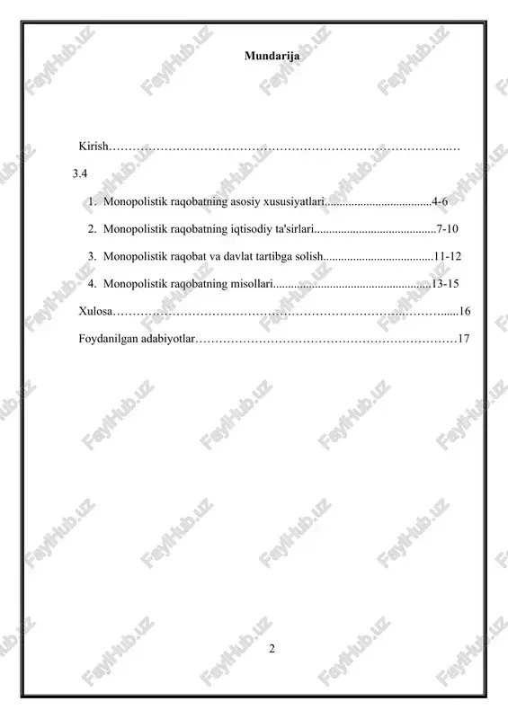 lmalari bilan aloqasi haqida qisqacha ma'lumot beriladi, bu esa mavzuni chuqurroq tushunishga yordam beradi. 1. monopolistik raqobatning asosiy xususiyatlari monopolistik raqobat iqtisodiy tizimdagi bozor tuzilmasi bo'lib, uning asosiy xususiyatlari quyidagilardan iborat: 1. bir nechta sotuvchilar mavjudligi: monopolistik raqobat bozorida bir nechta firmalar faoliyat yuritadilar. har bir firma bozorda o'z mahsulotini yoki xizmatini taqdim etadi, ammo bu mahsulotlar boshqalardan farq qiladi. firmalar o'rtasida raqobat mavjud bo'lsa-da, ular to'liq raqobatdagi kabi bir xil mahsulotlar taklif etmaydi, balki farqlashgan (differensatsiyalangan) mahsulotlar taqdim etadilar. 2. mahsulotlarning farqlanishi (differensatsiya): monopolistik raqobatning eng muhim xususiyati mahsulotlarning farqlanishidir. har bir firma mahsulotini yoki xizmatini boshqalardan ajratib turadigan xususiyatlarga ega qiladi. bu farqlanish sifat, dizayn, brend, paketlash yoki mijozlarga xizmat ko'rsatish kabi omillar orqali amalga oshiriladi. mahsulot farqlanishi iste'molchilarga tanlashda ko'proq imkoniyatlar yaratadi va firma o'z mahsuloti yoki xizmati uchun ma'lum bir narxni belgilashga erishadi. 3. narxlar va ishlab chiqarish miqdori: monopolistik raqobat sharoitida firmalar mahsulot narxini o'zlari …