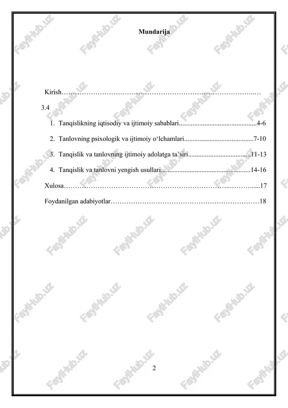 osining mohiyati va uning insonlar hayotiga ta’siri tanqislik dunyosida, odamlar kundalik hayotda turli xil tanlovlar qilishadi. masalan, pulni tejash, vaqtni samarali o‘tkazish, o‘qish va ishlash orasida muvozanatni saqlash, texnologiyalarni tanlash kabi muammolar mavjud. tanqislik ijtimoiy tengsizlikka olib kelishi mumkin, chunki ba'zi guruhlar uchun resurslar ko‘proq, boshqalar uchun esa kamroq bo‘ladi. shuning uchun, tanqislikning jamiyatda qanday ta’sir ko‘rsatishini o‘rganish, o‘zgartirish va rivojlantirish uchun asosiy vazifadir. bu kirish qismida tanqislik va tanlovning asosiy tushunchalarini va ularning o‘zaro aloqalarini yoritdik. kelgusidagi bo‘limlarda, tanqislikning iqtisodiy va ijtimoiy sabablari, psixologik ta'siri, ijtimoiy adolatga ta'siri kabi masalalar ko‘rib chiqiladi. 1. tanqislikning iqtisodiy va ijtimoiy sabablari tanqislik, iqtisodiy va ijtimoiy sharoitlar bilan chambarchas bog‘liq bo‘lgan murakkab hodisadir. bu bo‘limda tanqislikning asosiy iqtisodiy va ijtimoiy sabablari tahlil qilinadi. resurslarning cheklanganligi tanqislikning asosiy sababi – resurslarning cheklanganligi. har bir jamiyatda mavjud resurslar cheklangan bo‘lib, bu resurslarni taqsimlash uchun turli tanlovlar amalga oshiriladi. resurslar quyidagilarga bo‘linadi: · tabiiy resurslar: yer, …